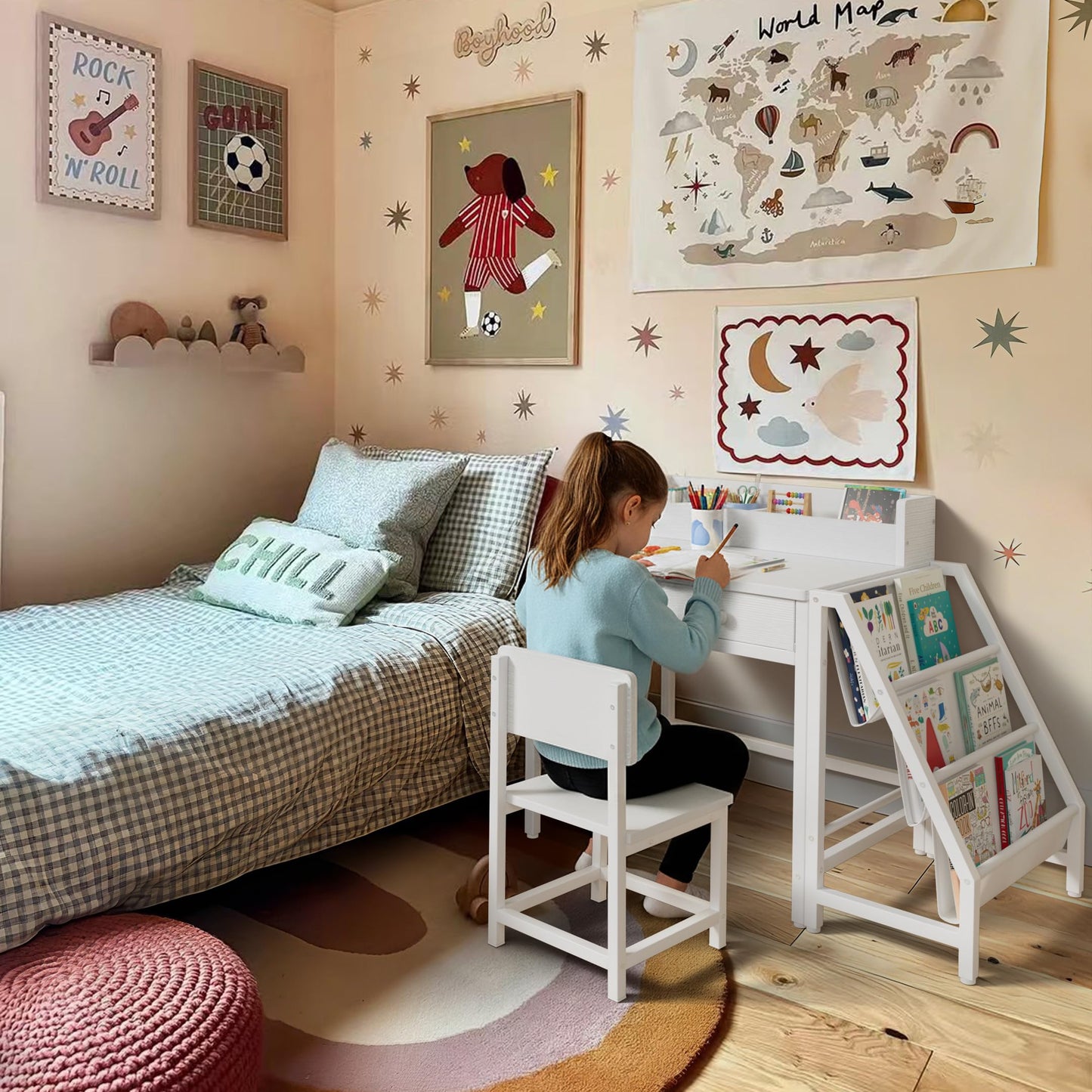 MomZi White Kids Desk and Chair Set for 5-8 Year Old Girls Boys, Small Child Desk with Bookshelf, Children Study Table with Fabric Drawer and Storage