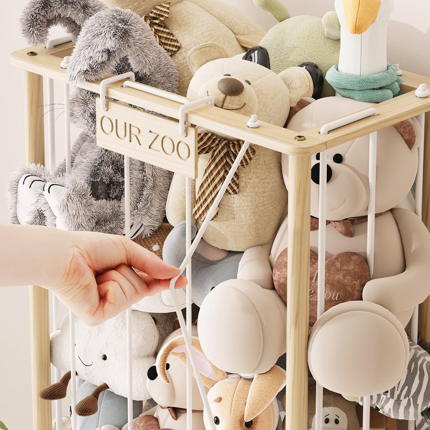 Stuffed Animal Storage Organizer,2-in-1 Solid Pine Wood Stuffed Animal Zoo with Toy Chest, Large Plush Toy Holder with Thick Elastic Bands,Stuffed Animal Holder for Playroom, Nursery, Bedroom