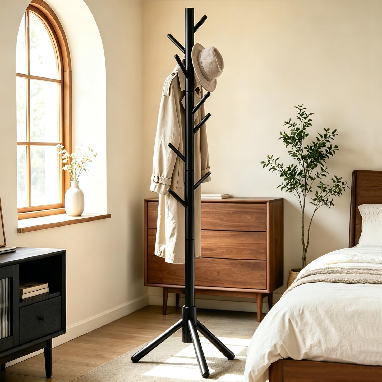 Freyawin Wooden Coat Rack Freestanding with 8 Hooks & 3 Adjustable Sizes for Clothes, Space-Saving Design for Bedroom Office Entrance Holds Hats Coats Scarves Bags