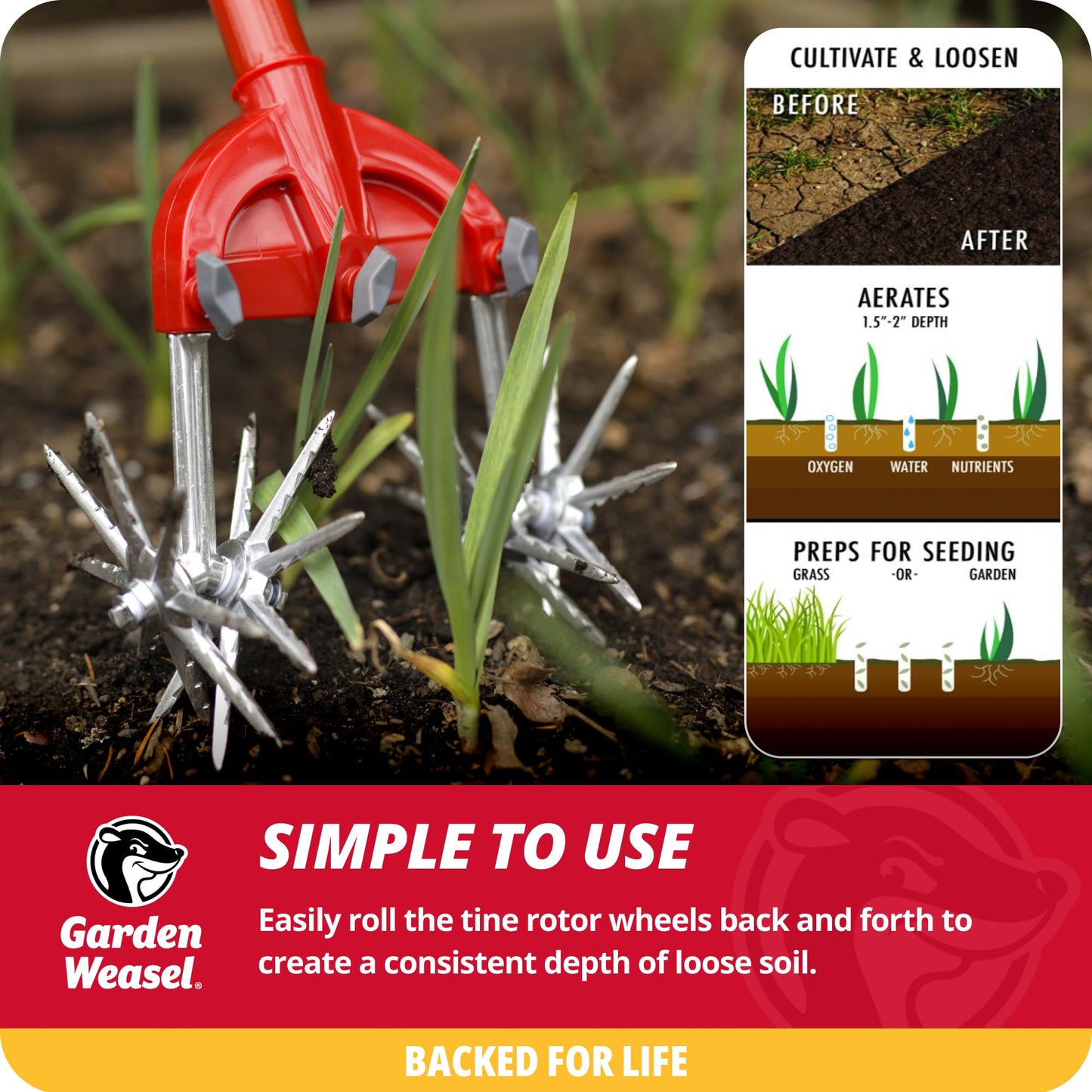 Garden Weasel Rotary Cultivator & Hand Tiller - 2-in-1 | Aerate, Weed, Cultivate, Plant, Reseed | Lawn Reseeding Garden Tool, Garden Soil Loosener | 91206 Gift for Dad, Idea
