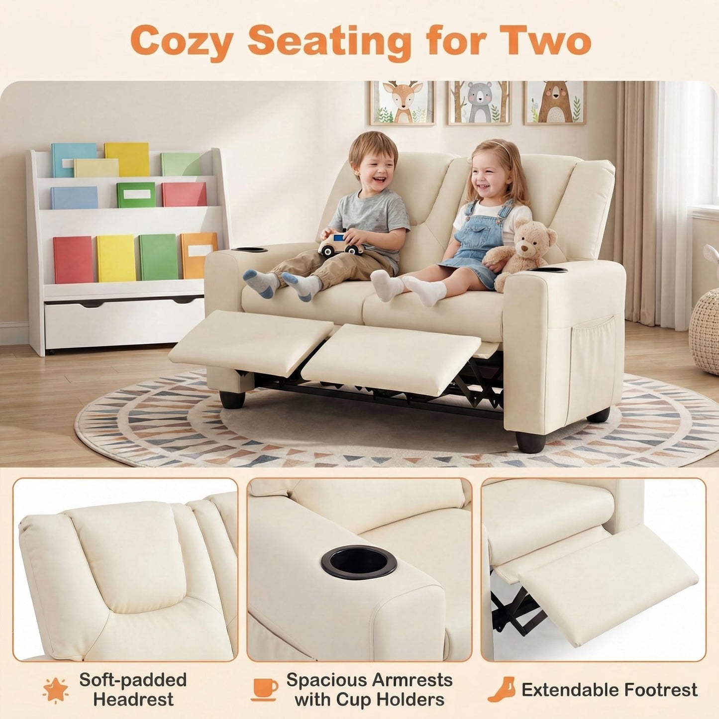 HONEY JOY 2-Seater Kids Recliner, Double Toddler Loveseat Sofa w/2 Cup Holders, 2 Side Pockets, Adjustable Backrest & Footrest, PU Leather Children Couch for Boys Girls Age 3+ (Beige)