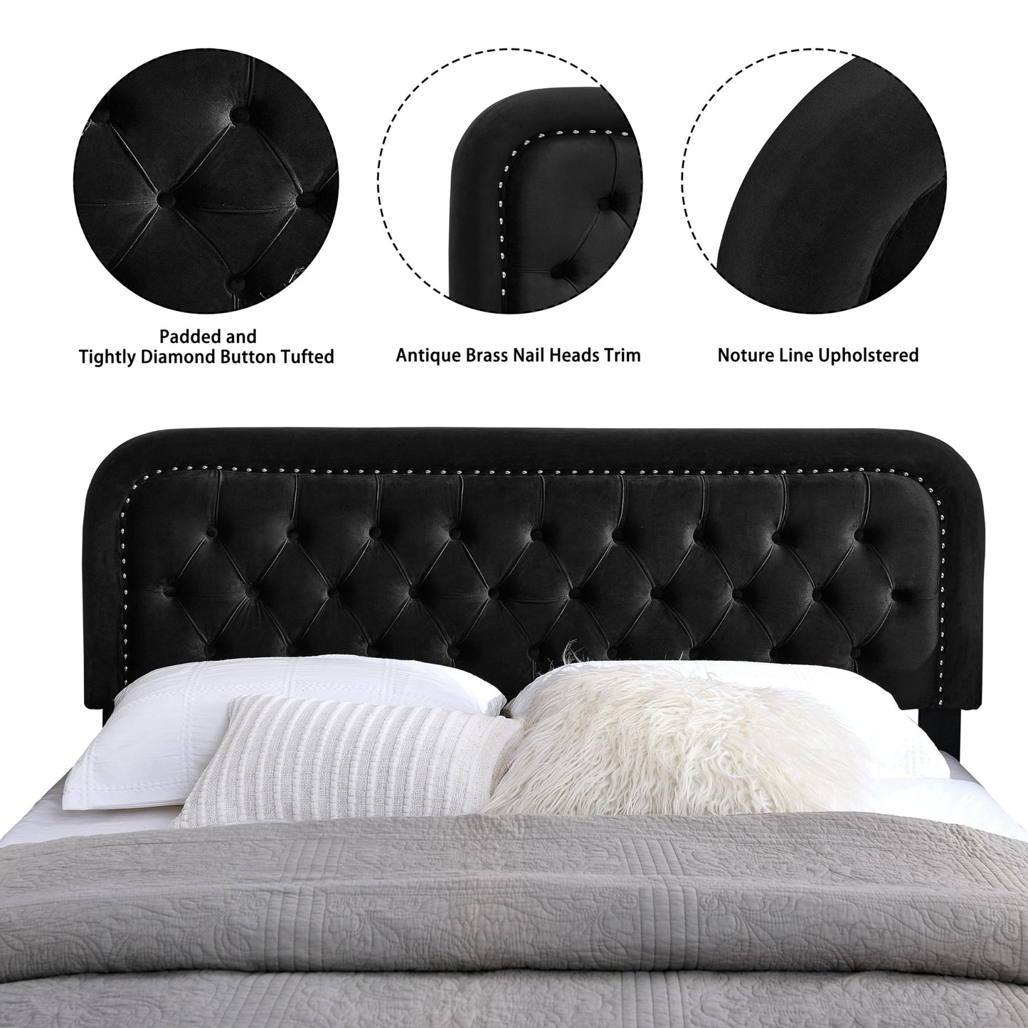Beyetsea Tufted Upholstered Twin Size Headboard - Button Solid Wood with Adjustable Height - Modern Velvet Padded Bed Headboard - Easy Assembly - Nailhead, Black