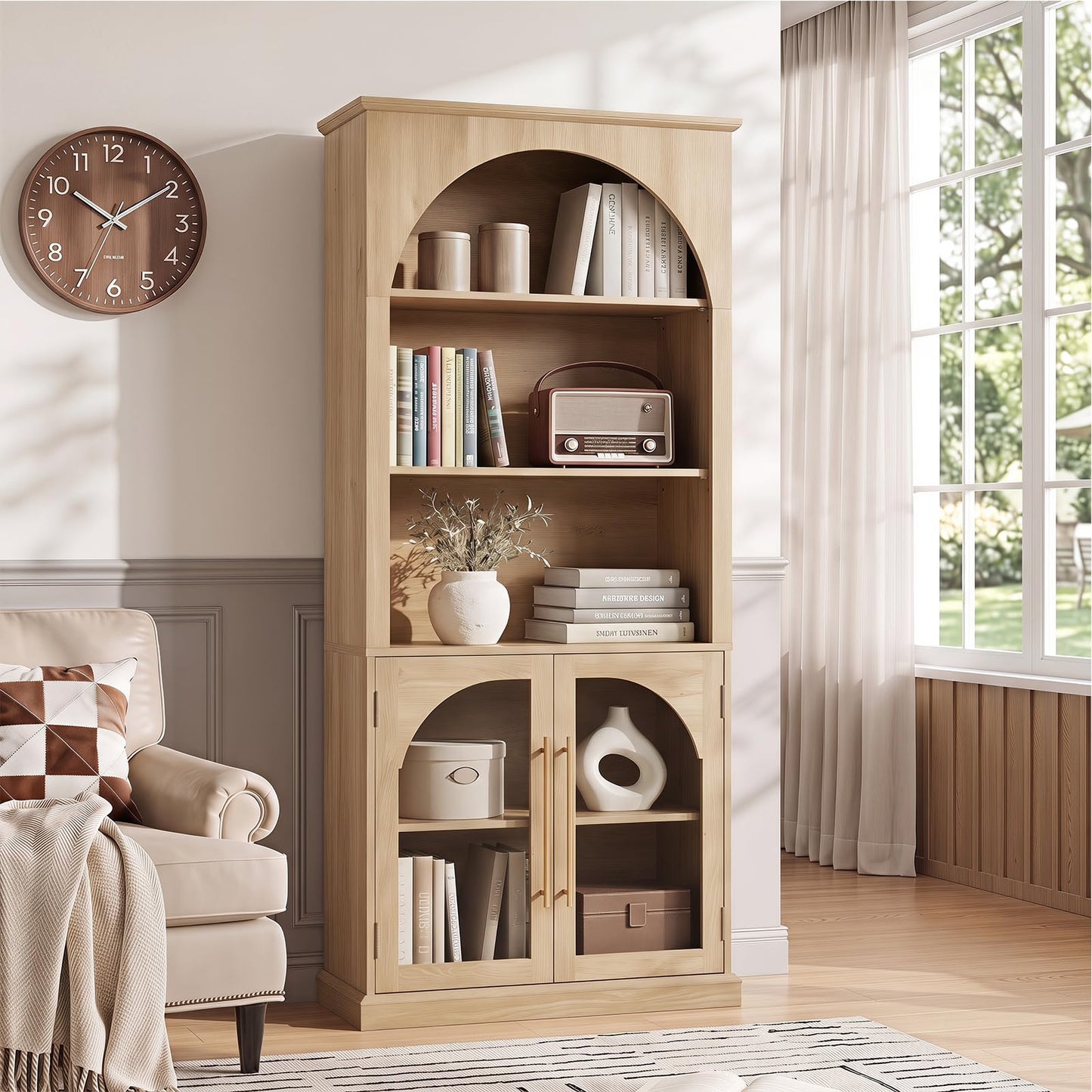 LELELINKY Arched Bookshelf with Tempered Glass Doors, 67" Tall Bookcase