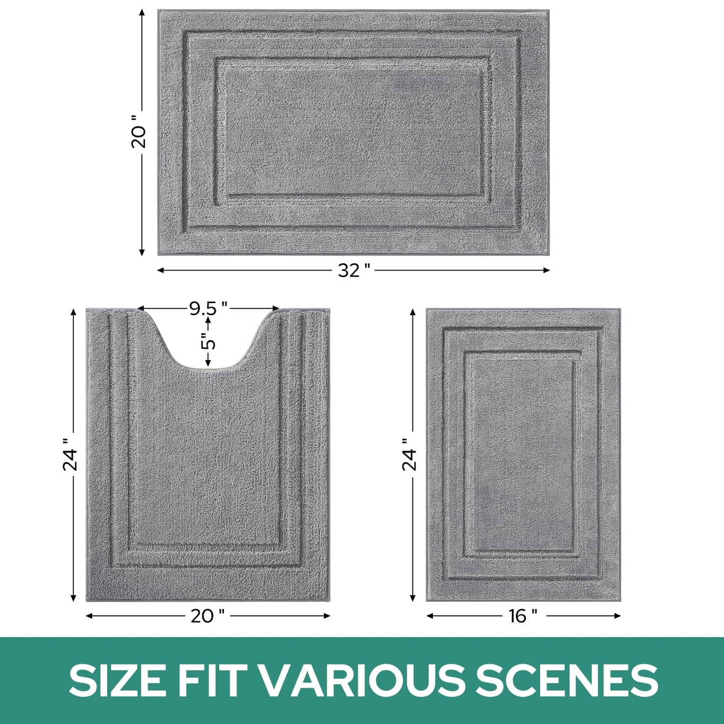 HOMEIDEAS Bathroom Rugs Sets 3 Piece, Super Soft and Absorbent Non Slip Microfiber Toilet Bath Mat with U-Shaped (Grey)