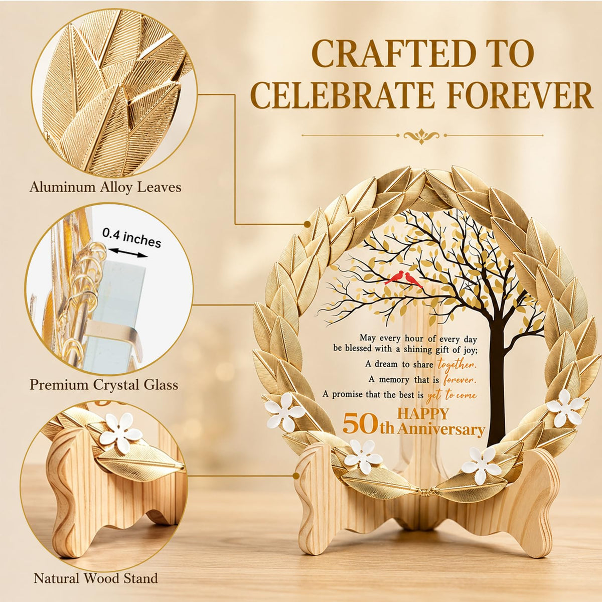 50th Anniversary Wedding Unique Gifts Ideas Crystal Plate with Gold Leaf Wreath - 50th Anniversary Wedding Gifts for Parents Couple - Cardinal Style