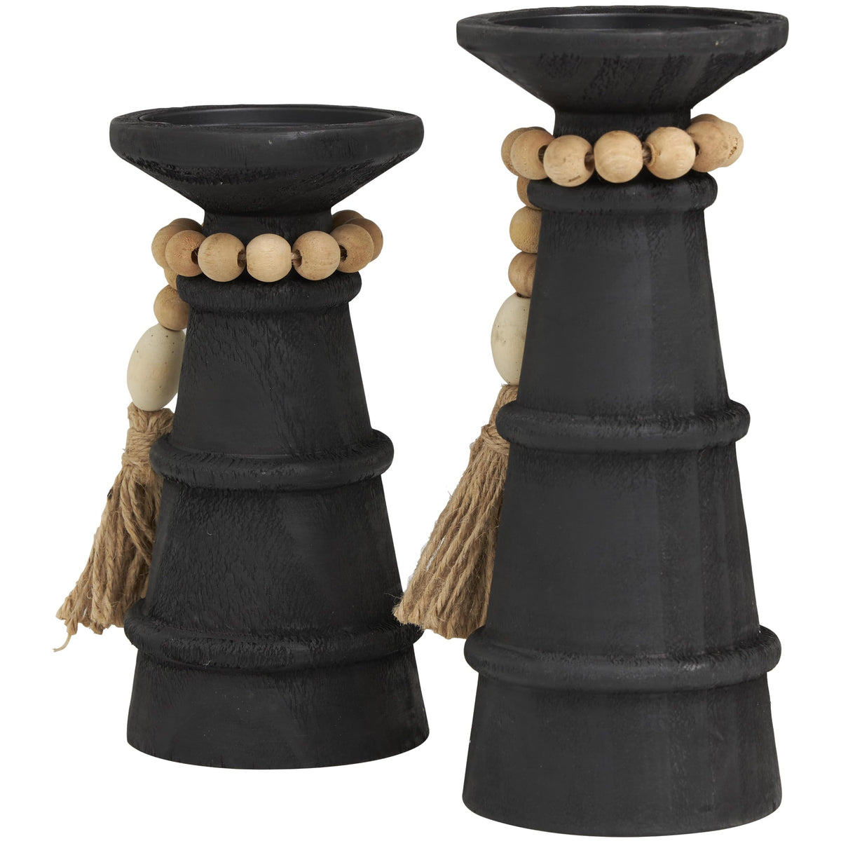 Deco 79 Wood Handmade Decorative Candle Holder Textured Matte Candle Stand with Beaded Garland Accent, Set of 2 Candlestick Holder 10", 8" H, Black