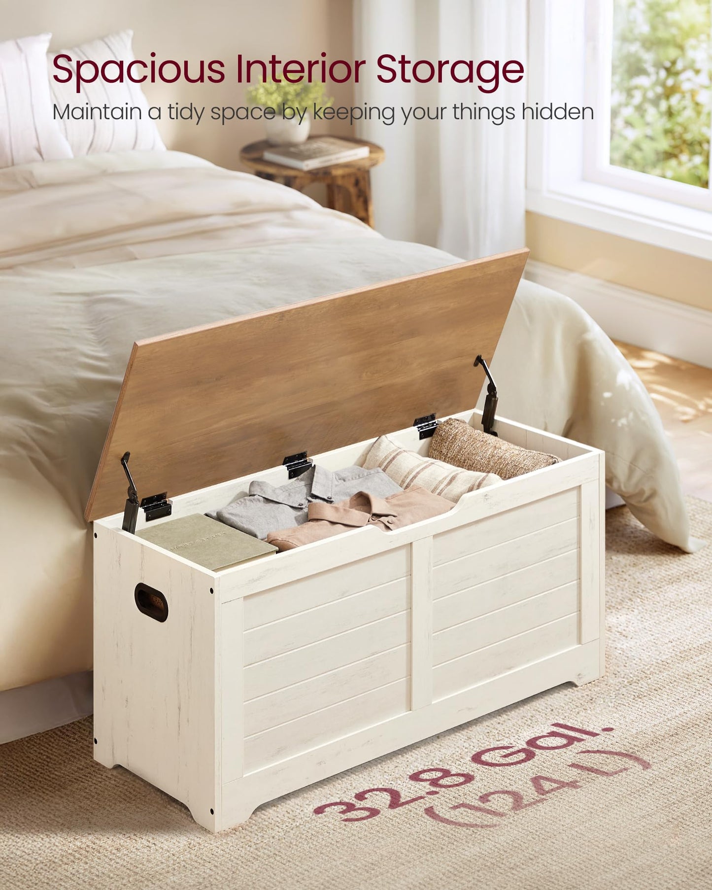 VASAGLE Storage Chest, Storage Bench with 2 Safety Hinges, Farmhouse Style, 15.7 x 39.4 x 18.3 Inches, for Entryway, Bedroom, Living Room, Rustic White and Honey Brown ULSB061WJ02S