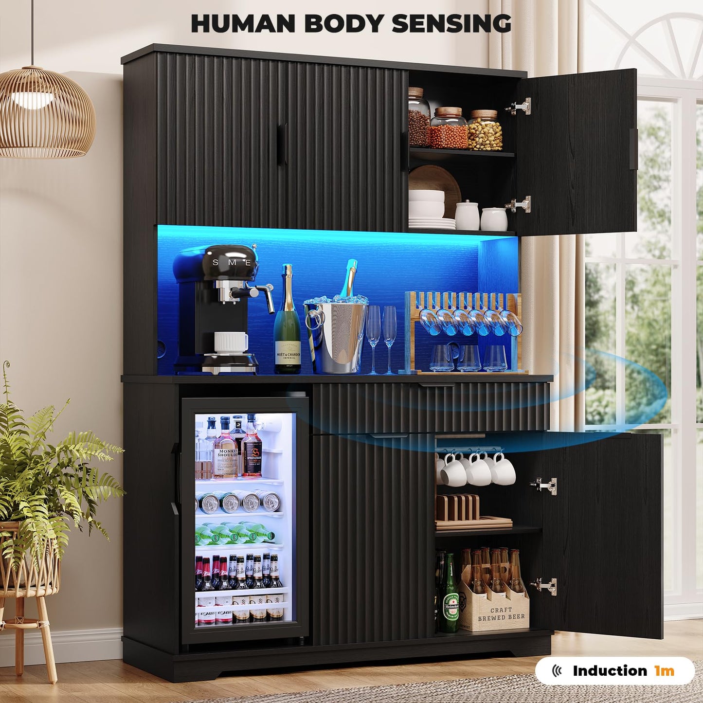Aauro Home 69" Kitchen Pantry with Fridge (Fridge Included), Fluted Coffee Bar Cabinet with LED Lights & Outlets, Tall Wine Bar Cabinet with Drawer & Storage Hutch for Living Room, Dining Room, Black