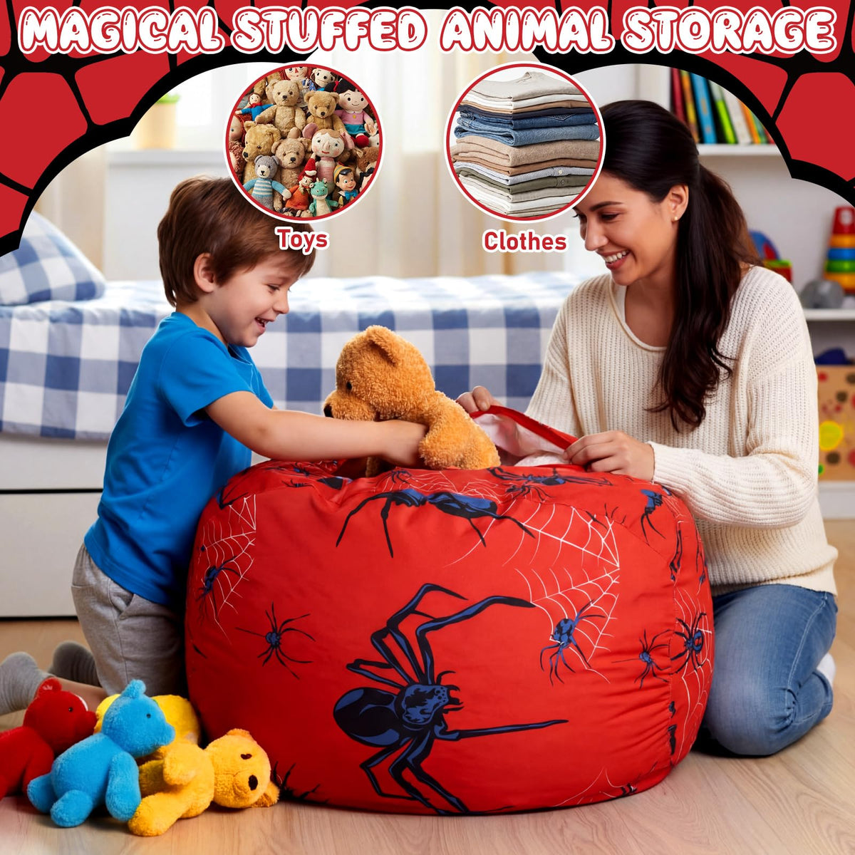 Boao Stuffed Animal Storage Bean Bag Cover (1, Spider, 27 Inches)