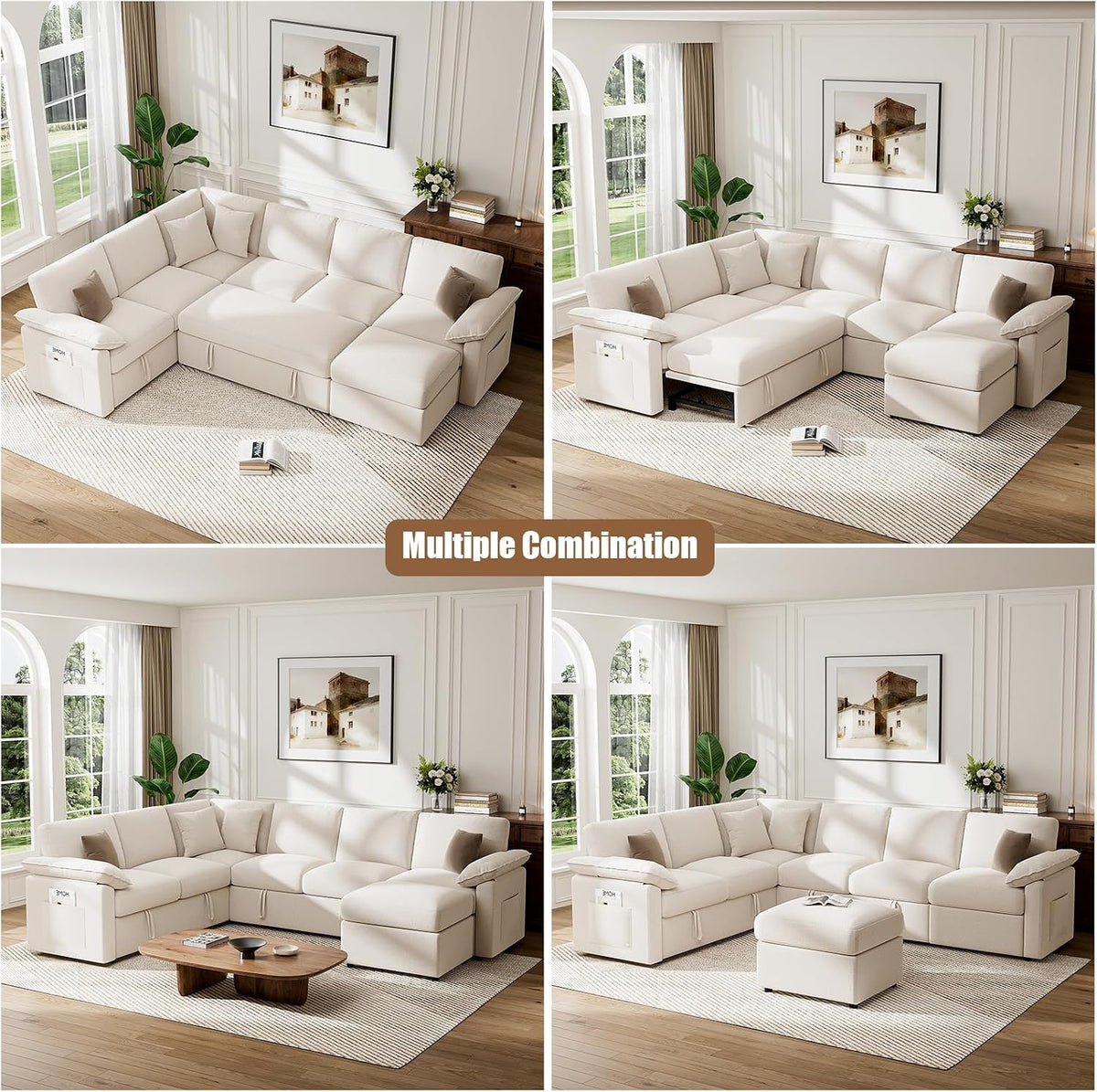 L  Sleeper Sofa 109" Modular Sectional Sofa with Pull Out Bed, Beige