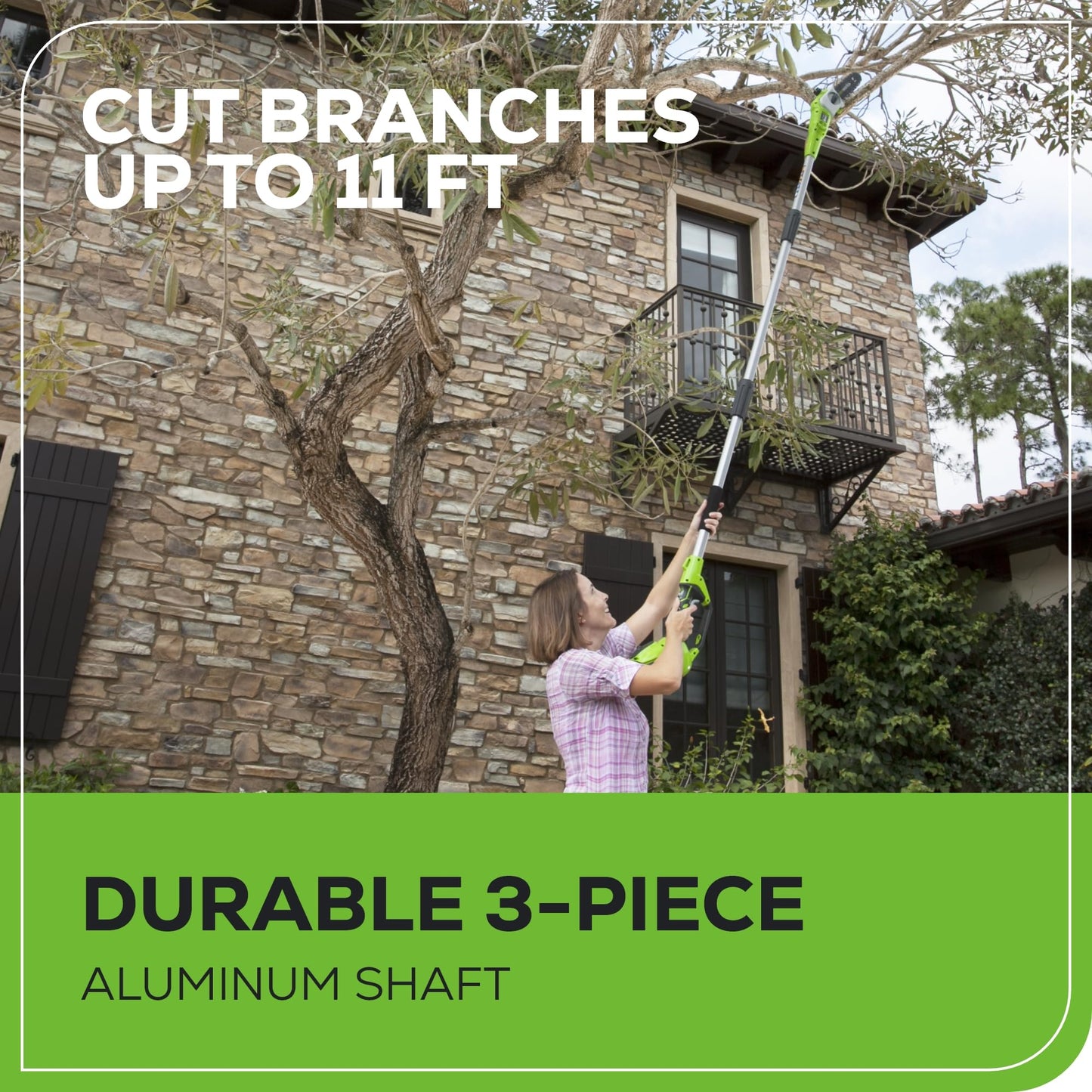 Greenworks 40V 8-inch Cordless Pole Saw with Hedge Trimmer Attachment 2.0Ah Battery and Charger Included