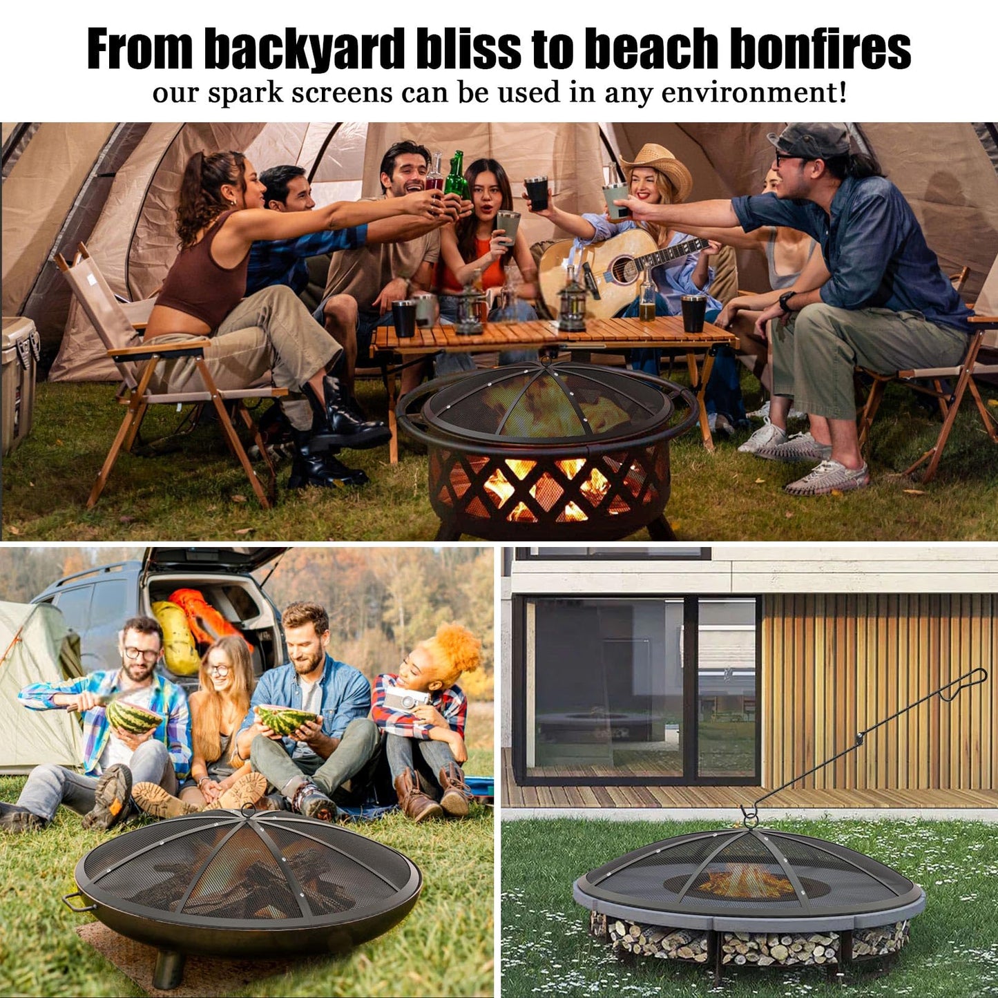 Fire Pit Spark Screen, 27 Inch Fire Pit Screen with Handle & Poker, Heavy-Duty Steel Fire Pit Cover Round Mesh Replacement Outdoor Firepit Screen Lid for Backyard/Beach/RV Camping