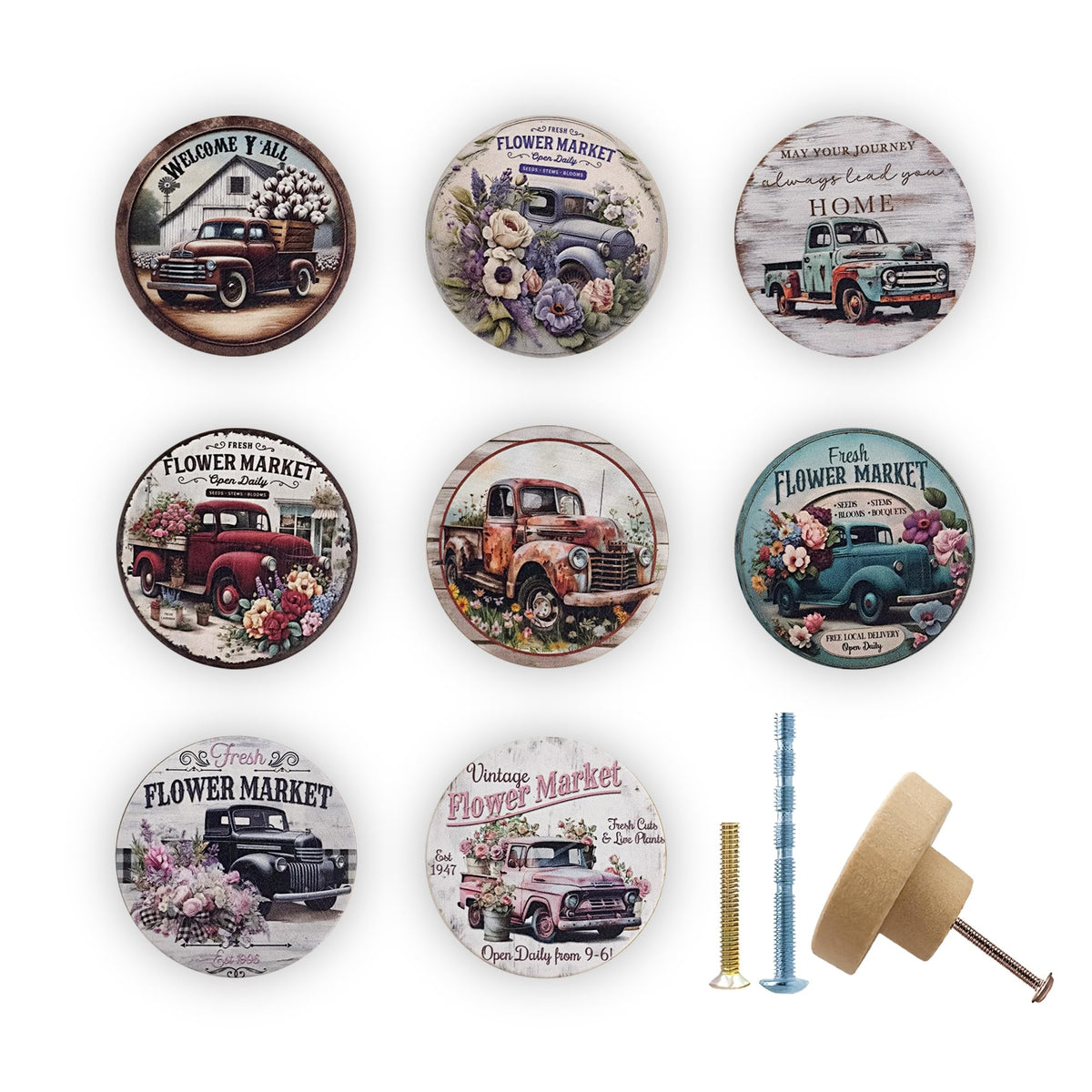 JamJam 8 Pack 1.8" Wooden Rustic Farmhouse Cabinet Knobs Vintage Car Wih Flower Heme Nursery Kids Room Dresser Drawer Knobs and Pulls