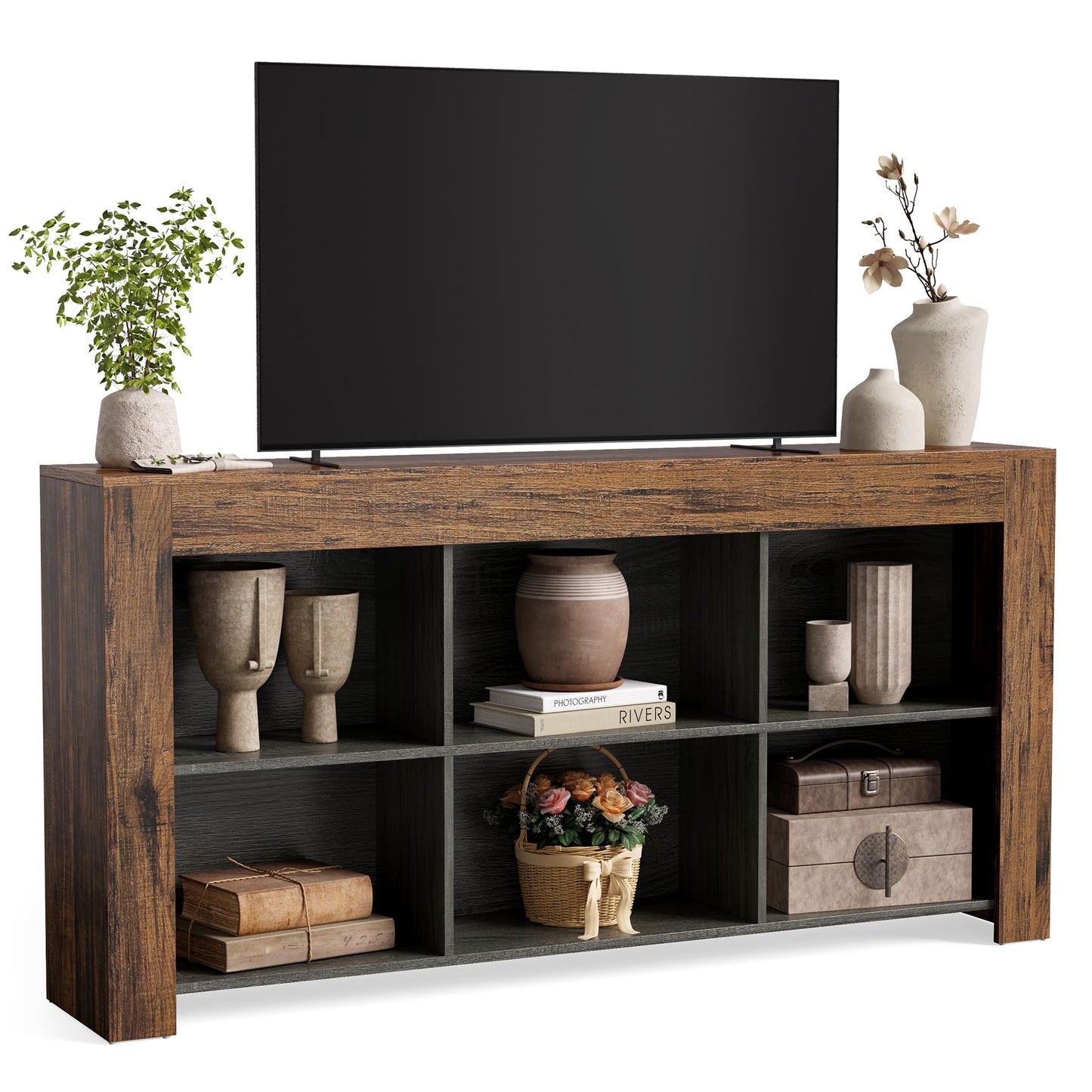 LITTLE TREE TV Stand with Storage, 63-Inch Entertainment Center with Shelves, Modern Media Console for Television up to 65" for Living Room, Bedroom, Brown + Black