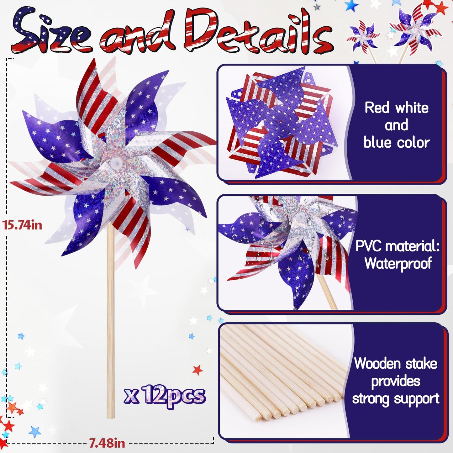 Reflective Patriotic Pinwheels 4th of July Decorations 12 Pack Red White and Blue Windmills Decorations Wind Spinners for Yard Garden,Independence Day, Memorial Day