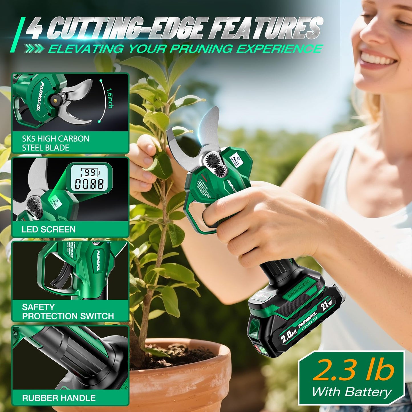 Electric Pruning Shears, 1.6" (41mm) Cutting Diameter Cordless Electric Scissors with LCD Display, 21V Brushless Motor Branch Cutter with 2 PCS Rechargeable 2000mAh Batteries & 2 Blades (Green)