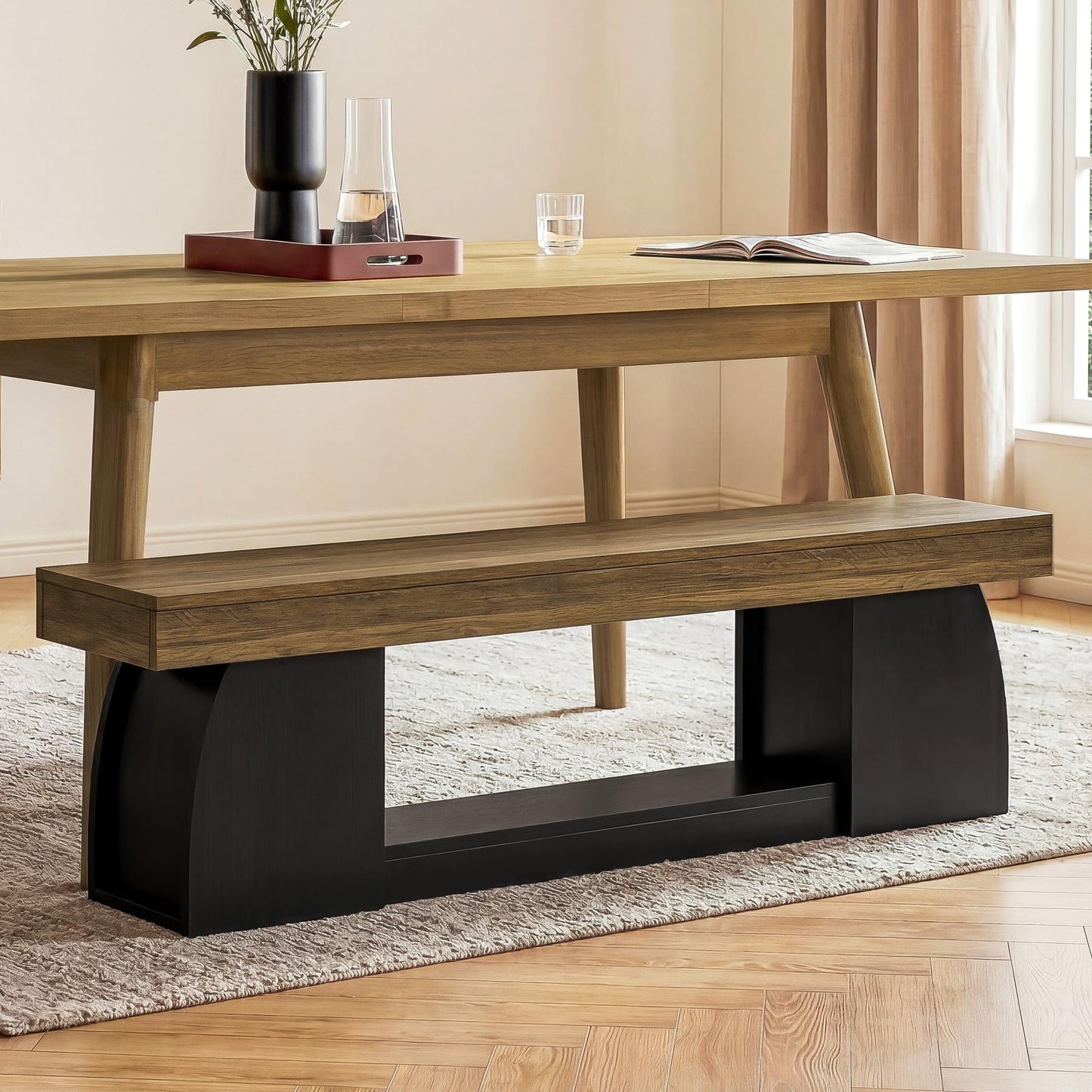 Tribesigns 63 Inch Dining Bench, Farmhouse Long Kitchen Table Bench with Sturdy Frame, Wooden Indoor Kitchen Dining Seat for Dining Room, Living Room, Restaurant, Brown & Black