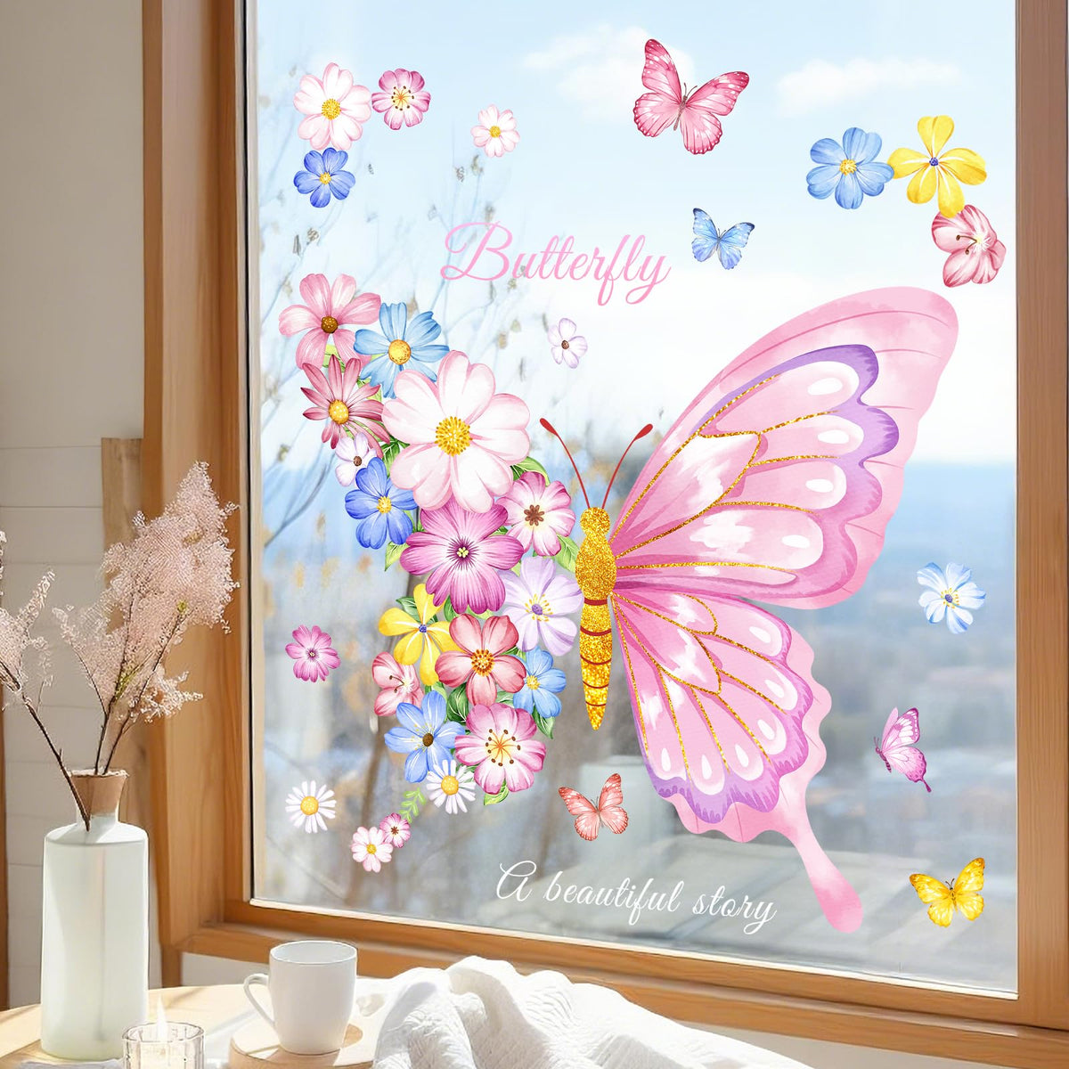 Supzone Pink Flower Butterfly Window Clings Valentine's Day Spring Window Decals Anti-Collision Glass Doors Mirror Static Stickers for Girls Room Home Store Party Decorations