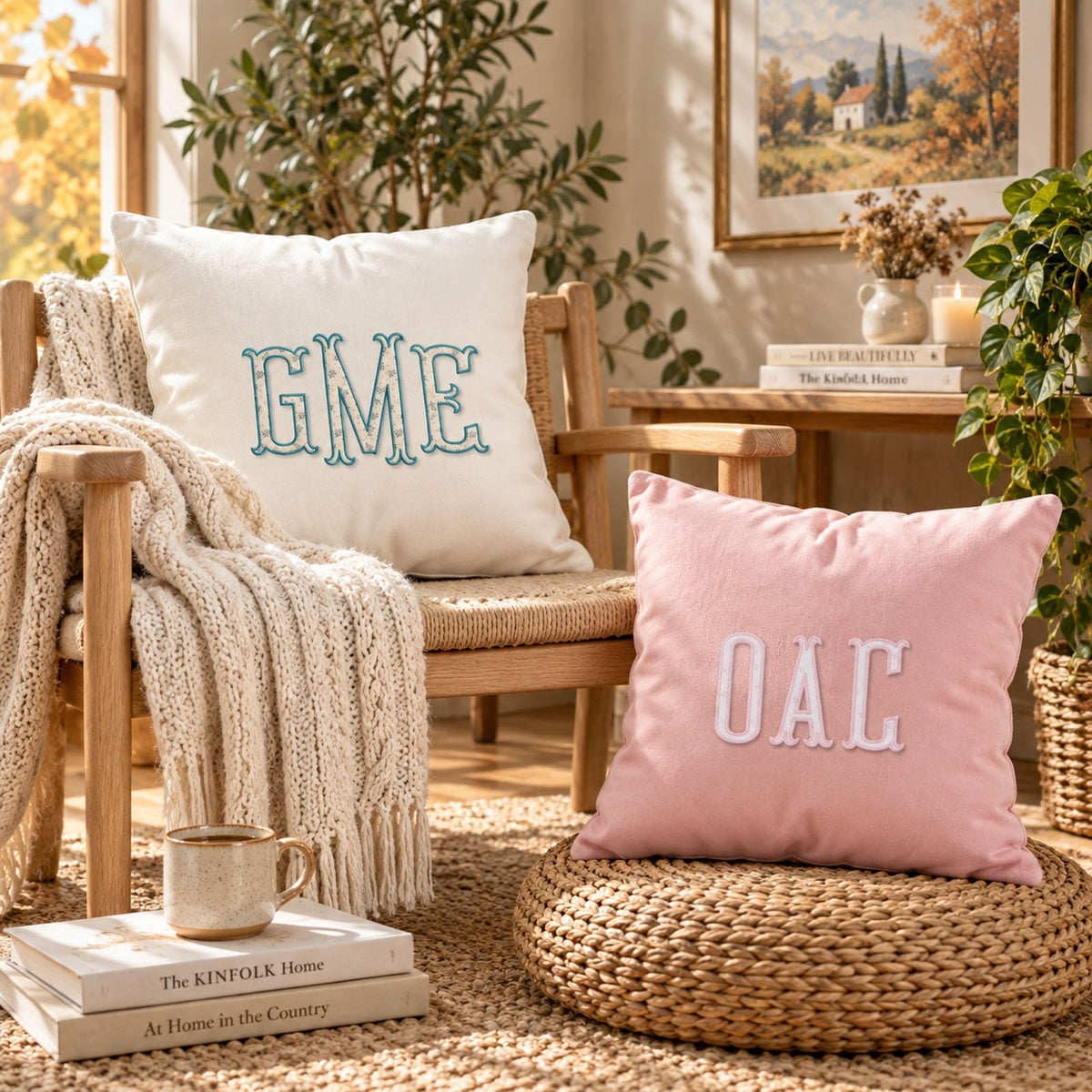 Custom Embroidered Floral Monogram Throw Pillow Cover Personalized Vintage