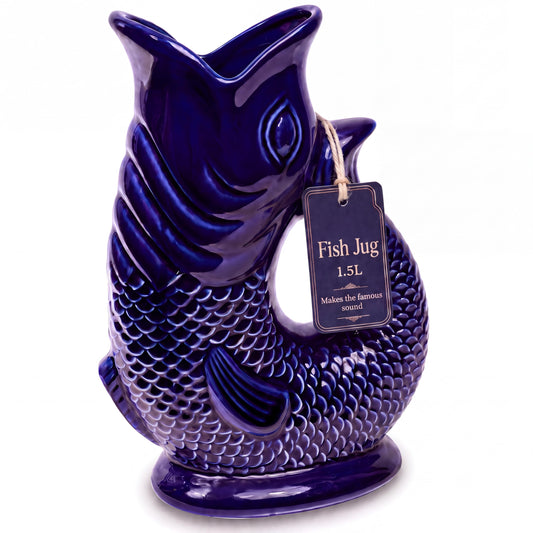 Giggling Grandma Fish Jug 50 fl oz Ceramic Pitcher, Dark Cobalt Blue