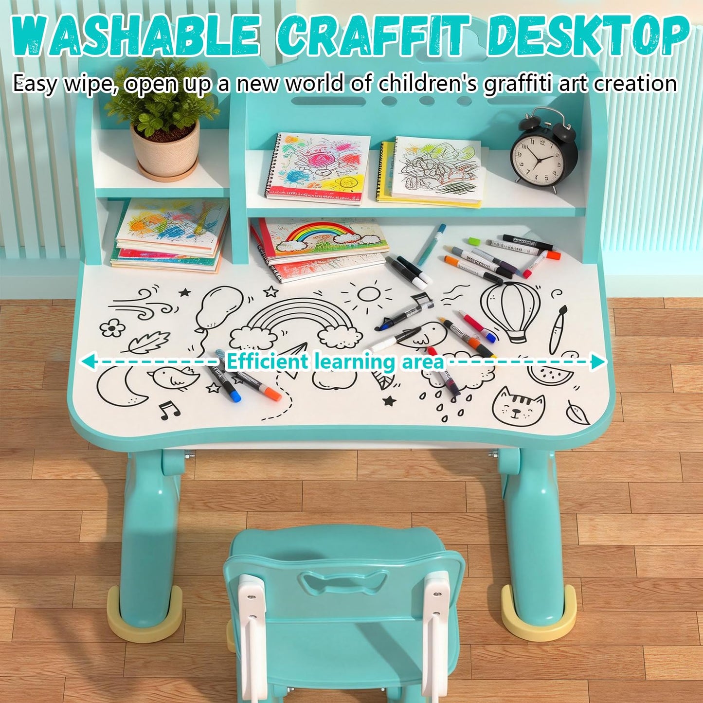 Kids Study Desk and Chair Set - Height Adjustable Study Writing Table with Bookstand and Storage Drawer, Child School Study Writing Table Ergonomic Widened Desktop Art Desk for Boy & Girl (Cyan)