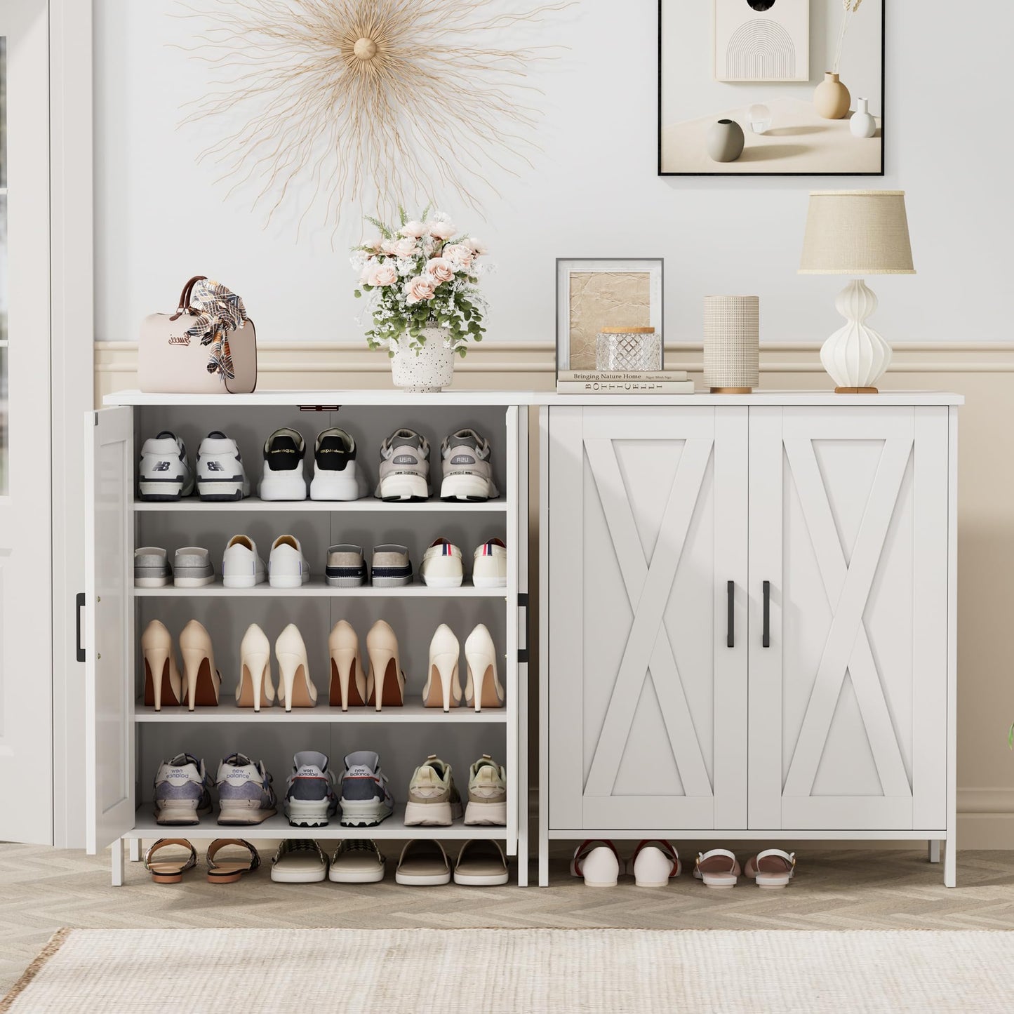 Homleke Farmhouse Shoe Cabinet with 2 Barn Doors & Wood Legs