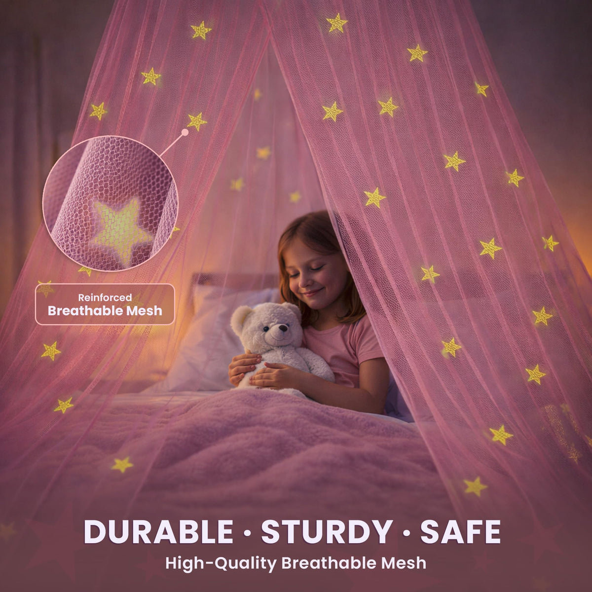 Bollepo Pink Bed Canopy for Girls with Glowing Stars - Premium Canopy Bed | Fits Single, Twin, Full, Queen Size Kids Bed, Princess Netting Room Decor, Ceiling Tent to Cover Toddler, Canopy for Bed