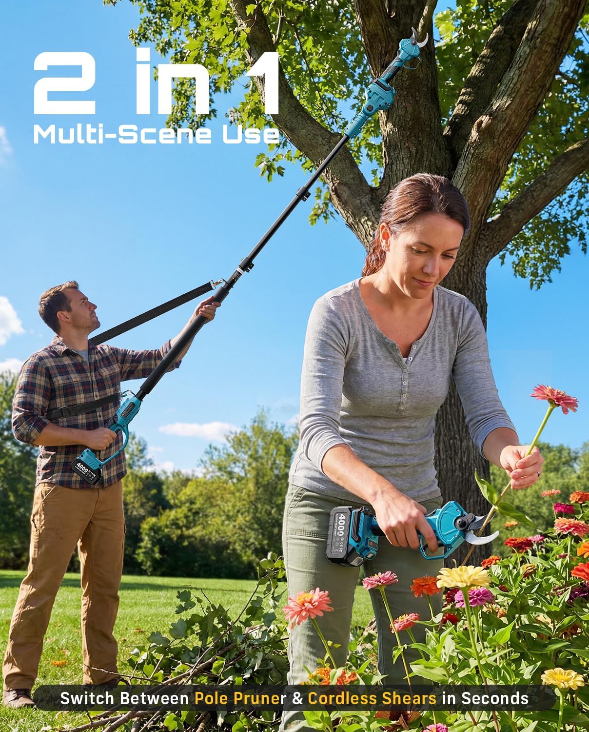 SEESII 2-in-1 Pole Pruning Shears: 1.6" Cutting Diameter Cordless Electric Pole Pruners - Brushless Motor, Dual 4.0Ah Batteries, Extra SK5 Blade, 4 Modes Adjustable Branches Cutter for Tree & Flower