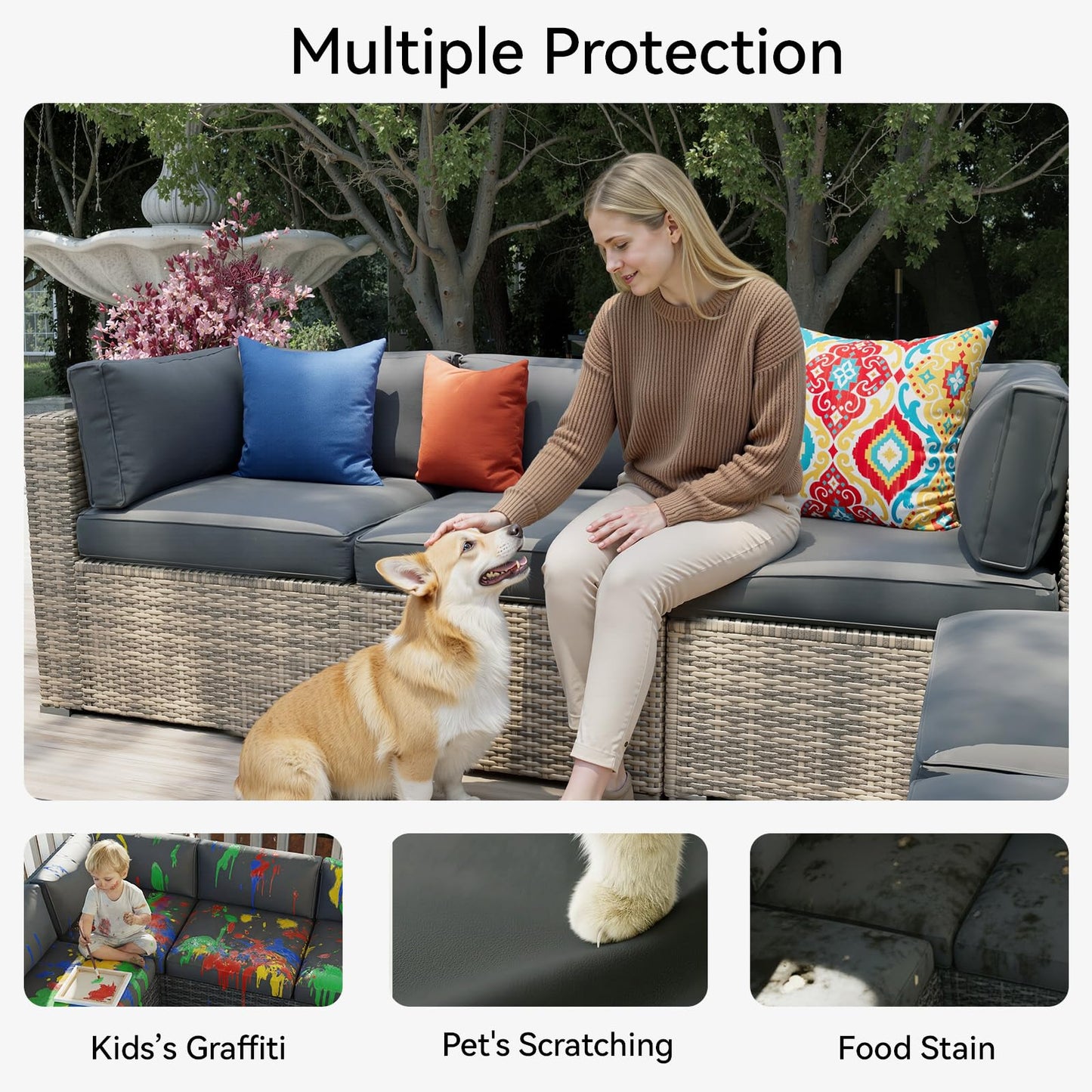 Aoxun 14pcs Patio Cushion Covers Replacement, Waterproof Outdoor Furniture Cushion Covers with Zipper and Non-Slip Bottom, Patio Sofa Couch 3 Sizes for Patio Sectional, Covers Only (Grey)