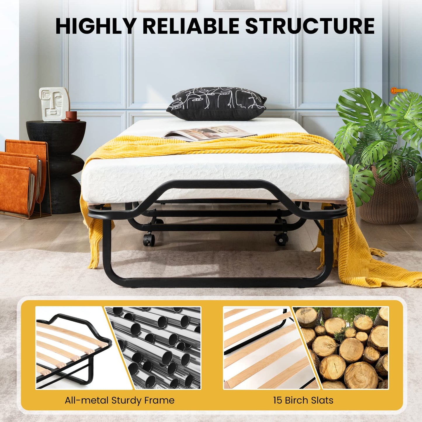 Giantex Folding Bed with Mattress for Adults, Cot Size Rollaway Bed for Guest, Portable Foldable Bed w/Memory Foam Mattress & Metal Frame for Easy Storage, 75"x 31"