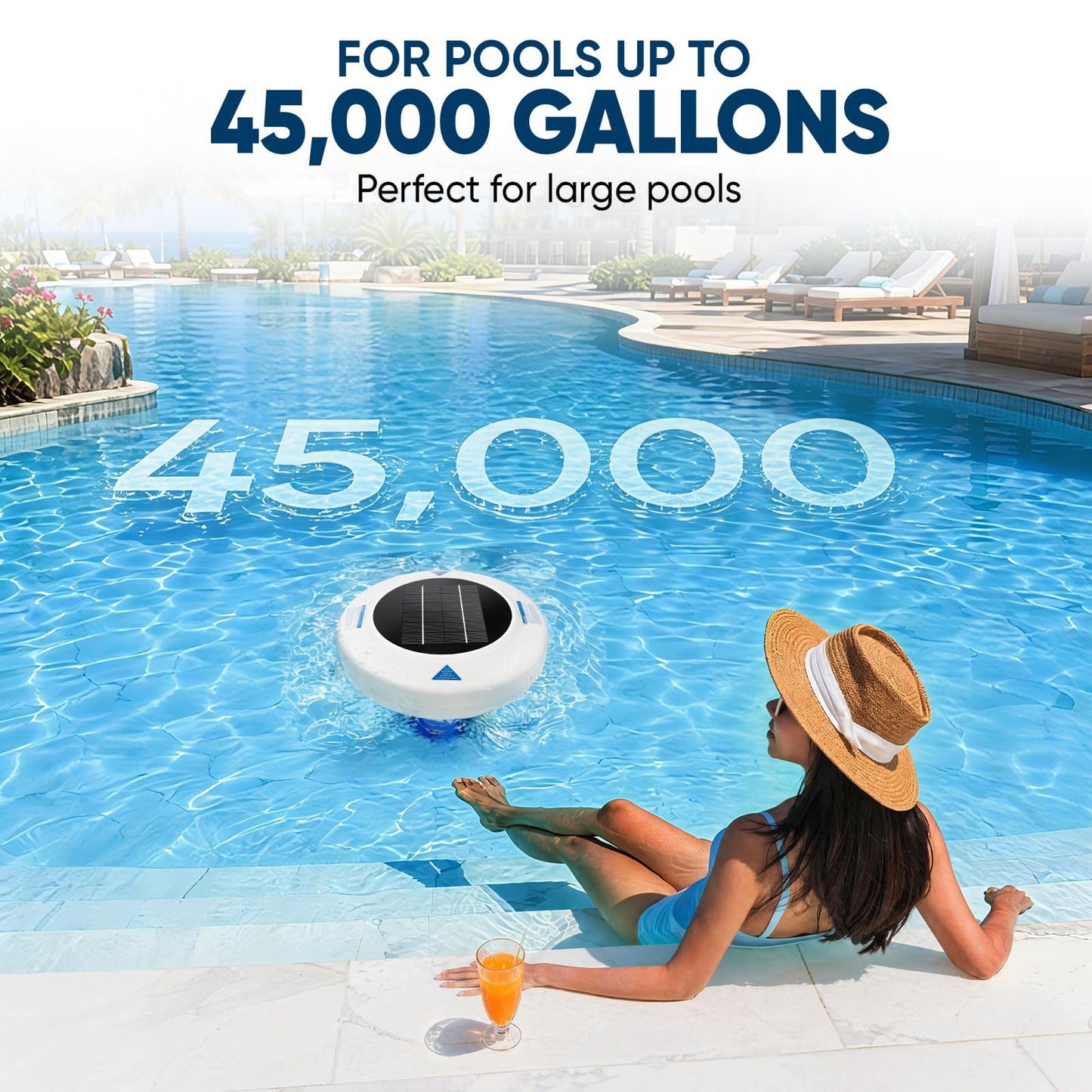 Upgraded Solar Pool Ionizer for Above Ground & Inground Pools, Floating Solar Powered Pool Water Cleaner for Pools Up to 45,000 Gallons, Copper Pool Ionizer with Easy Maintenance
