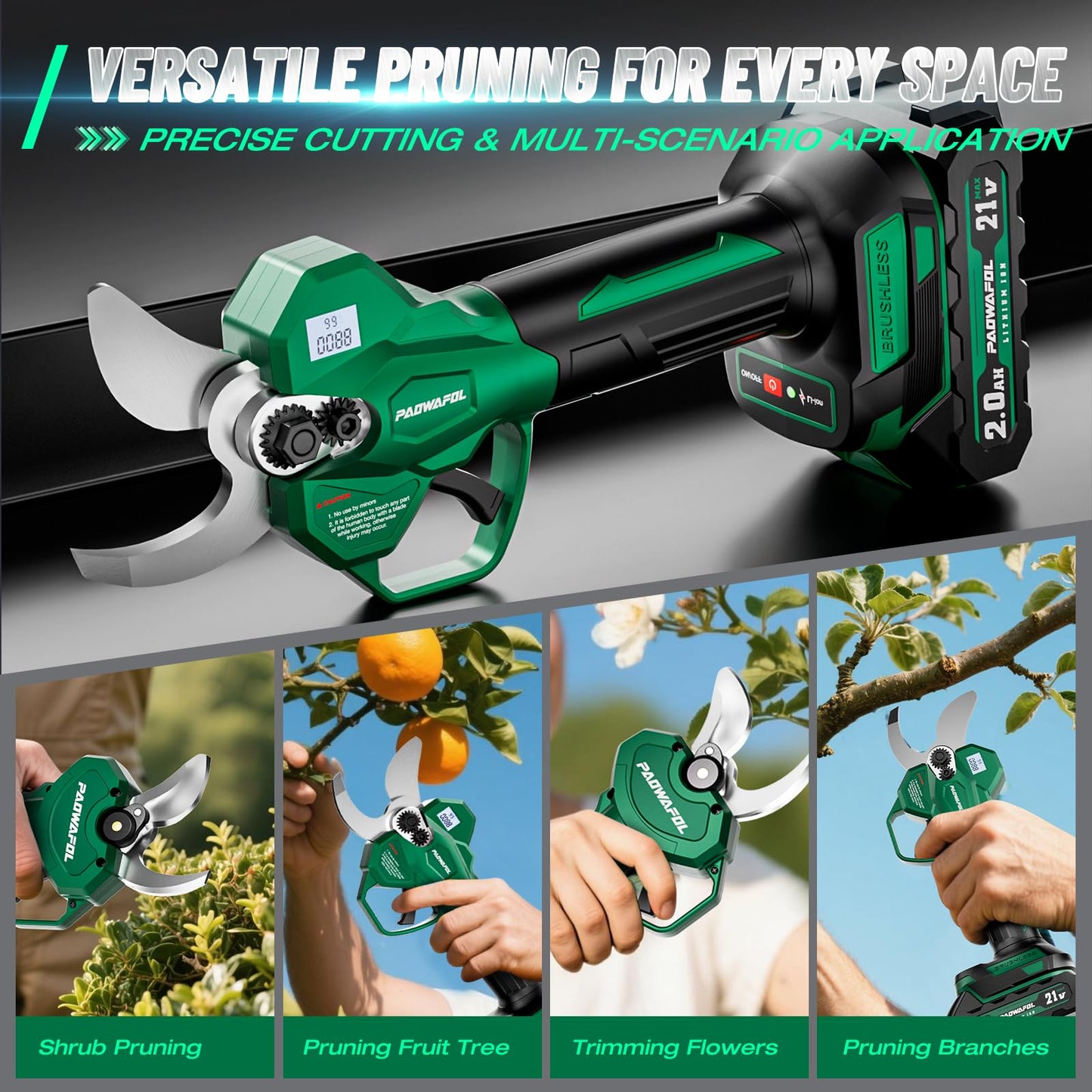 Electric Pruning Shears, 1.6" (41mm) Cutting Diameter Cordless Electric Scissors with LCD Display, 21V Brushless Motor Branch Cutter with 2 PCS Rechargeable 2000mAh Batteries & 2 Blades (Green)