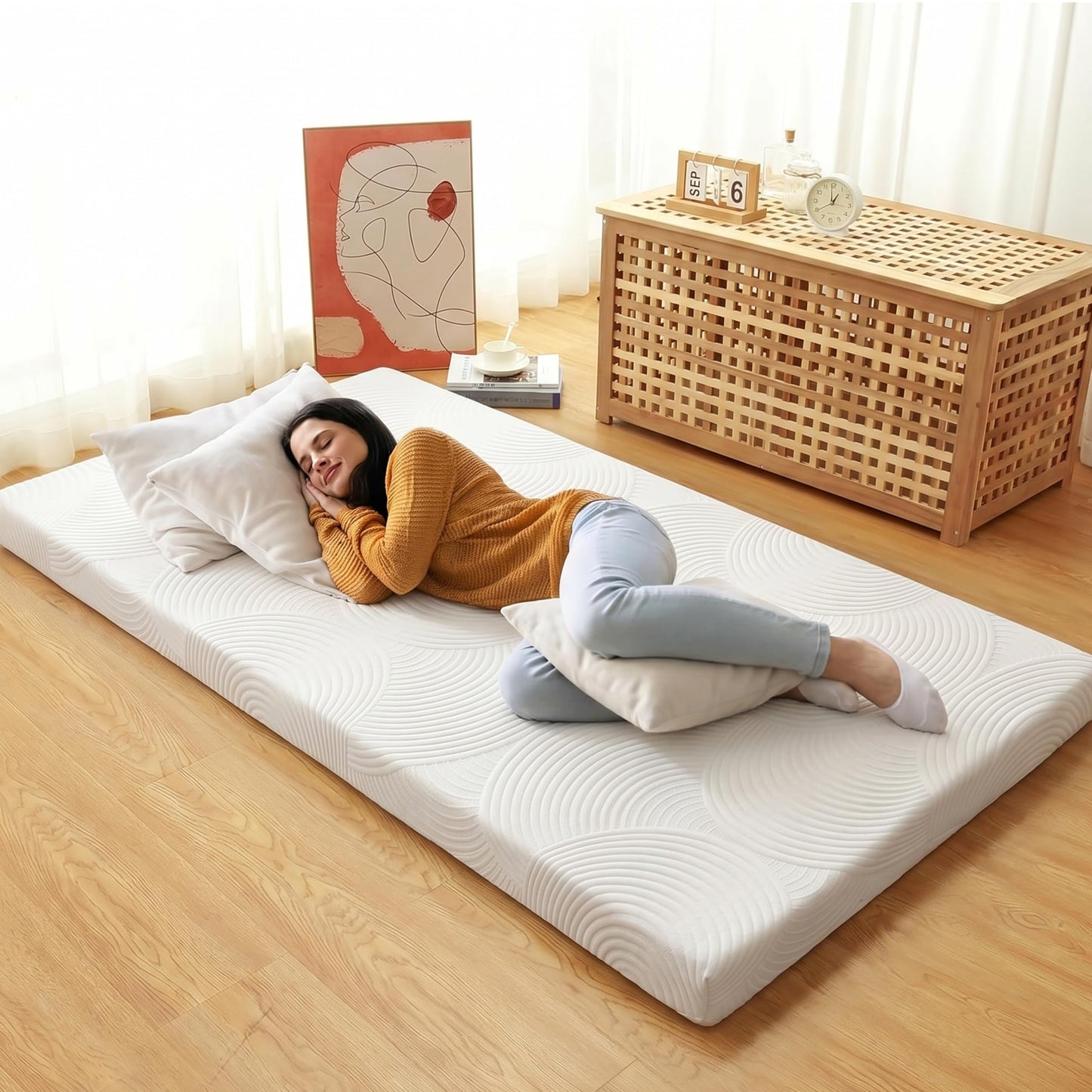 Castage Japanese Floor Mattress, 3.5" Thicken Futon Mattress Tatami Mat with Non-Slip Bottom,Removable Washable Cover,Foldable Mattress Tatami Mat Sleeping Pad，White Geometric，Twin（80‘’x36‘’）