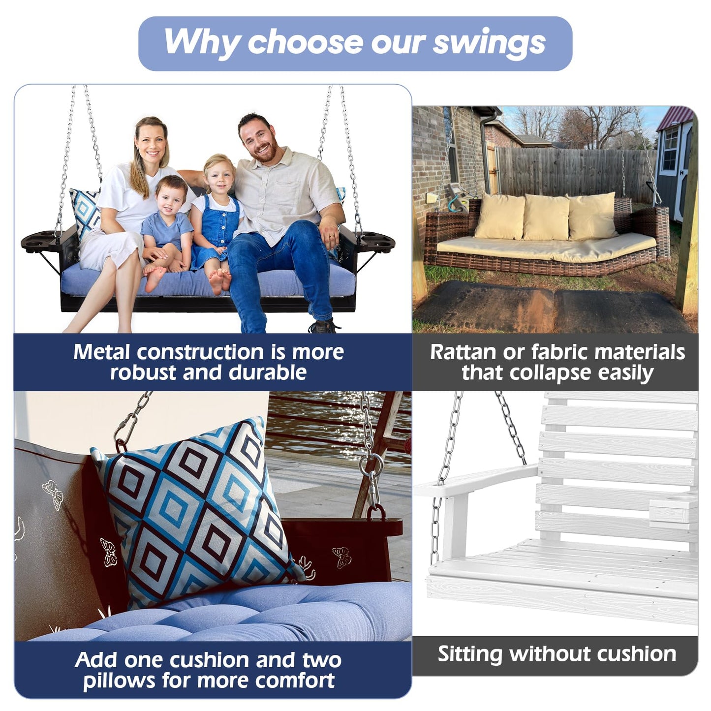 3-Seat Metal Porch Swing 900 LBS Heavy Duty Hanging Bench with Upgraded Tray & Cushions Rust-Resistant Finish Swing Chair with 8.9FT Chains for Patio Lawn Garden