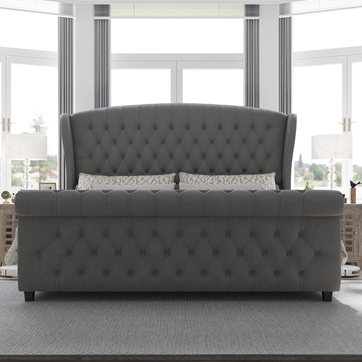 AMERLIFE California King Upholstered Sleigh Bed Frame with Headboard