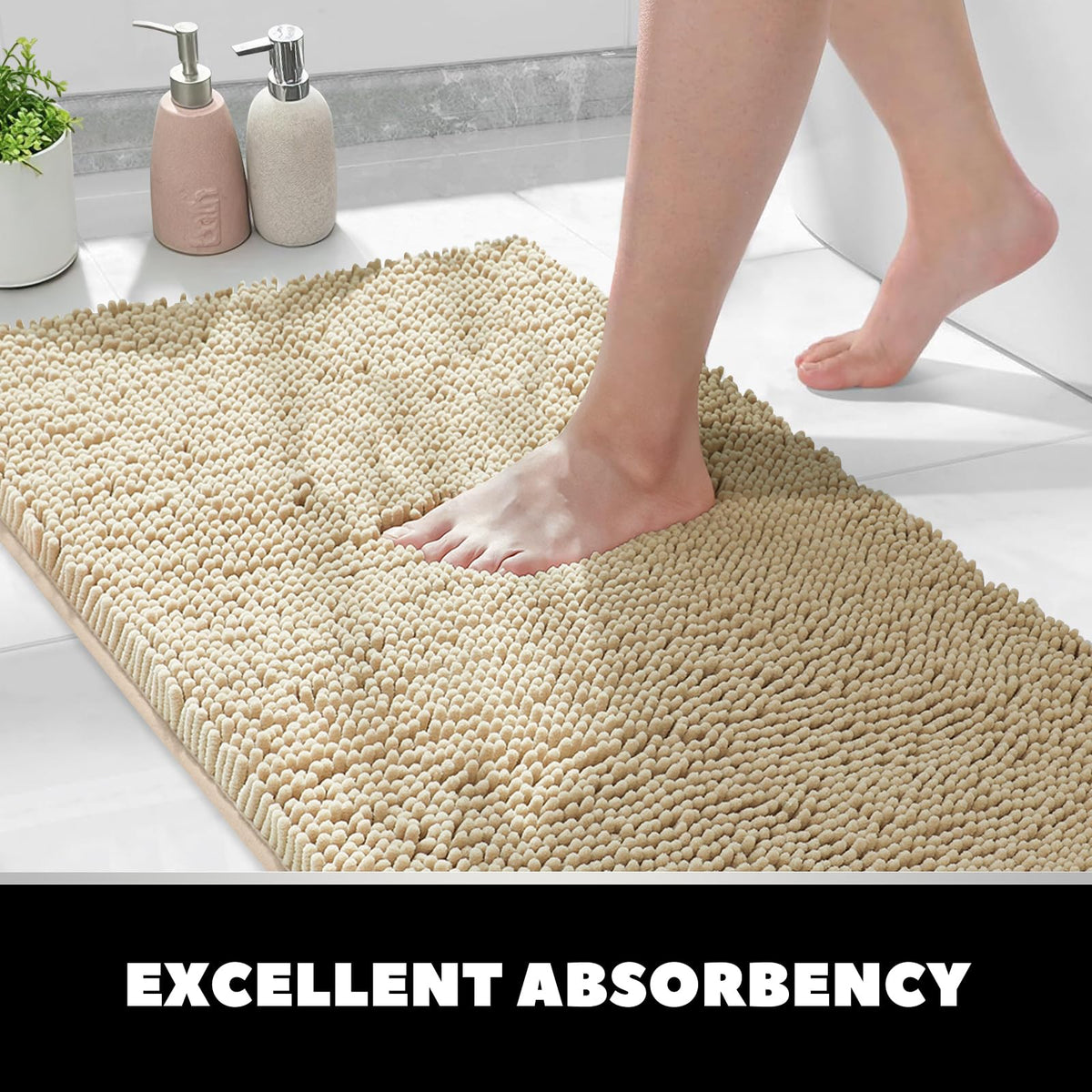 Hbsmat Bathroom Rug Set 3 Pieces Luxuriously Soft, Highly Absorbent Chenille Bath Rugs with Non-Slip PVC Backing and Machine Washable Toilet Rug for Bathroom, Bedroom, Kitchen, Hallway, Beige
