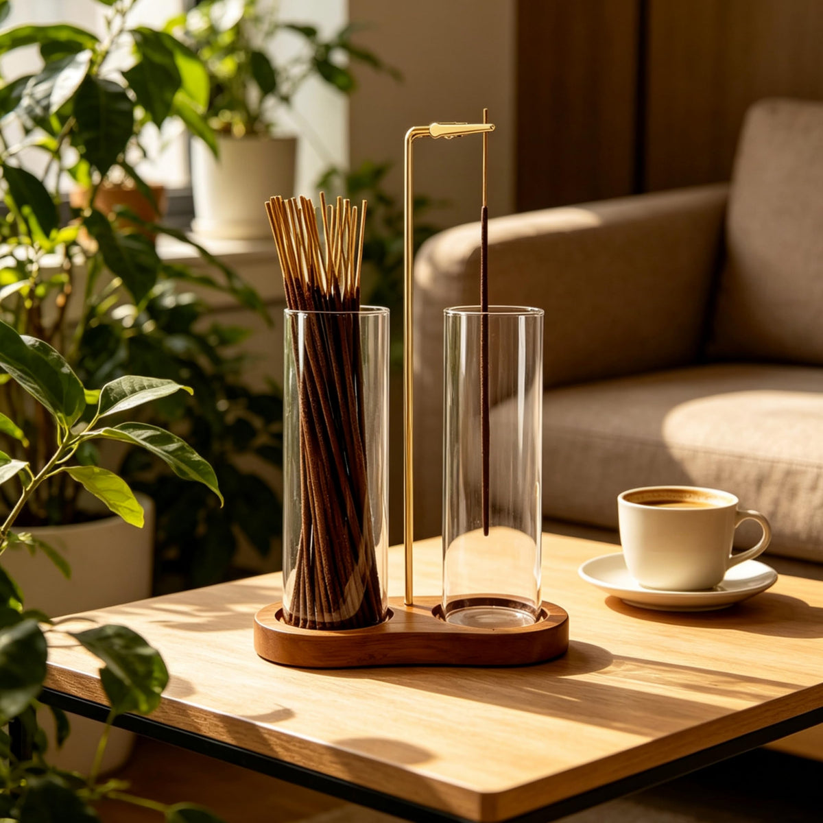 Moocervi Incense Holder, Hang Upside Down Incense Sticks Burner Holder Storage with Glass Ash Catcher,Ideal Gift (Brown)