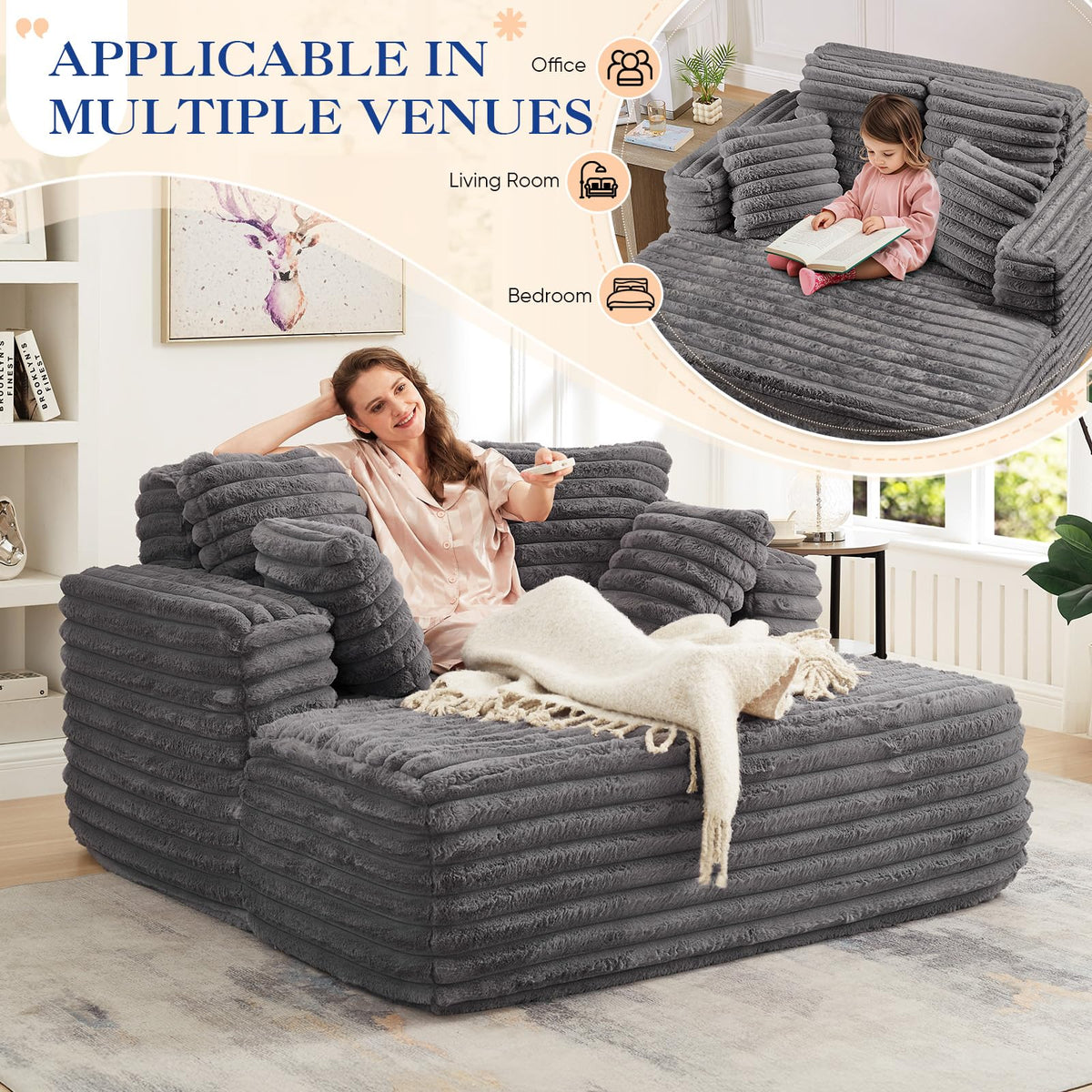 60.75" Oversized Chaise Lounge Indoor, Modern Plush Faux Fur Fabric Deep Seat Boneless Memory Foam Sleeper Chaise Lounge Sofa Chair with Pillows for Living Room Bedroom Studio, No Assembly Couch, Grey
