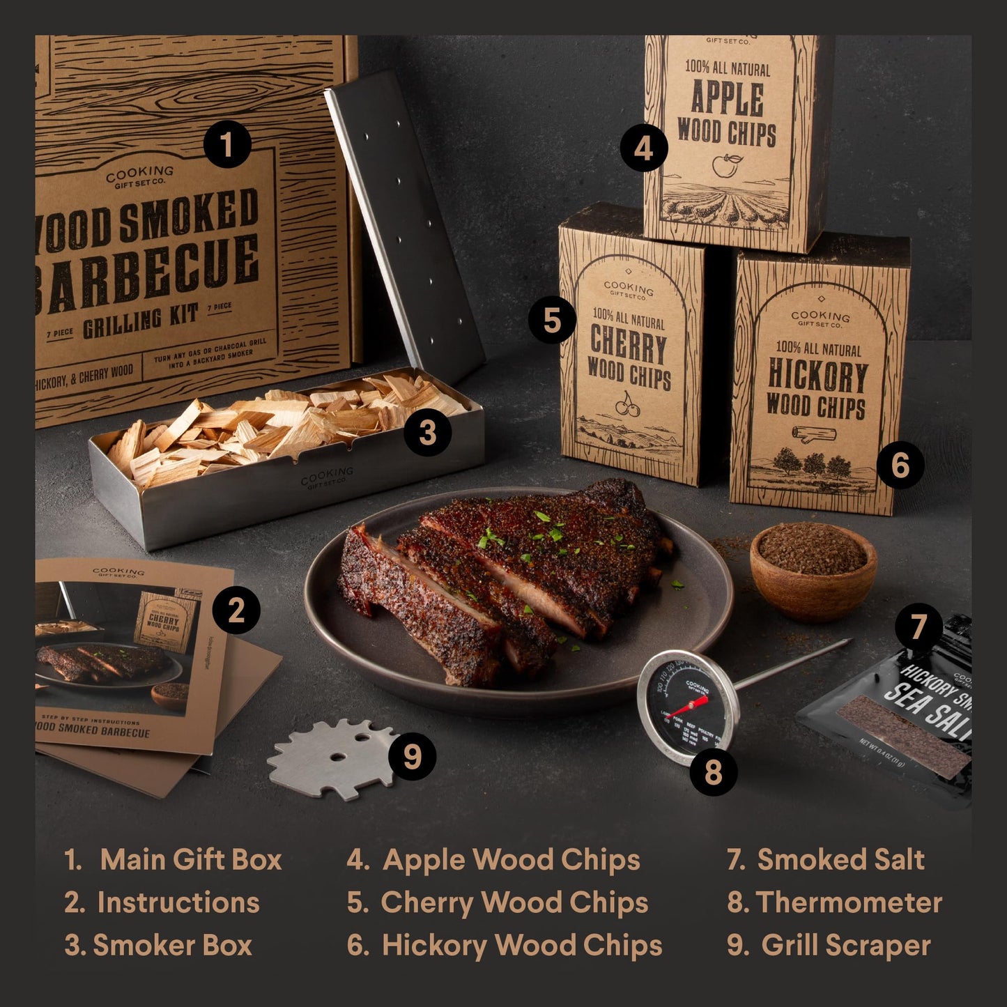 Grilling Accessories BBQ Smoker Box Grill Kit - Stainless Steel Smoke Box for Gas Grill and Charcoal with Wood Chips, Meat Thermometer and Scraper - Complete Outdoor BBQ Accessories Gift Set for Men