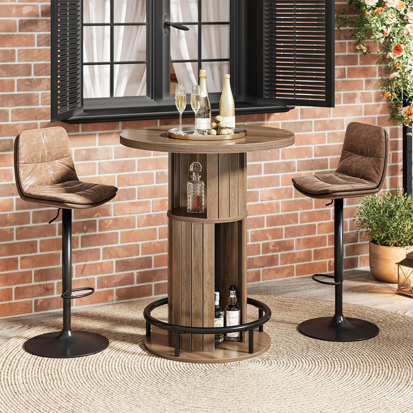 HSH Round Bar Table, 39.37" H Wood Pub Table with Storage & Metal Footrest, Modern Rustic Bar Height Bistro Cocktail Table for Coffee Bar, Kitchen Dining Room, Small Space, Rustic Oak (Table Only)