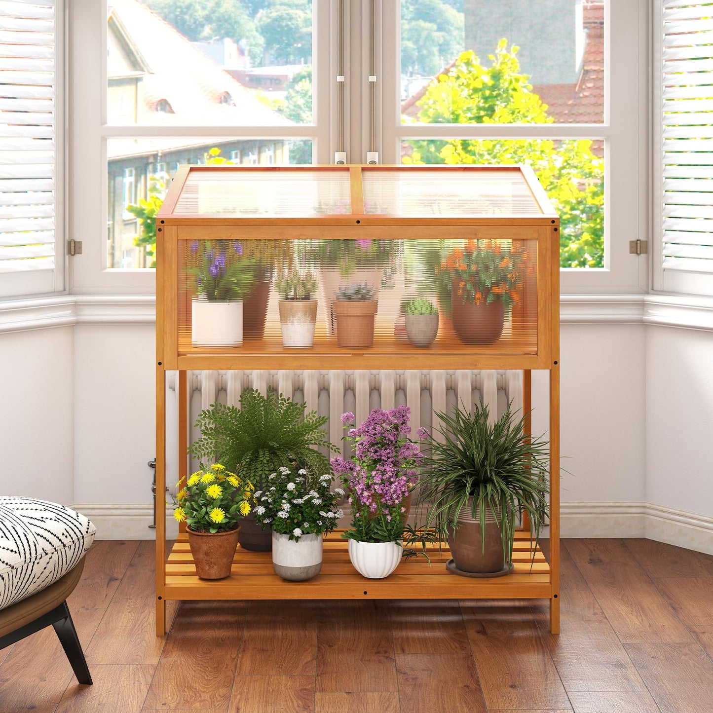 Giantex Wood Cold Frame Greenhouse, Raised Flower Planter Protection with Transparent Openable Roof & Slatted Shelf, Indoor Outdoor Hot House for Garden Balcony, 36”x20”x42”