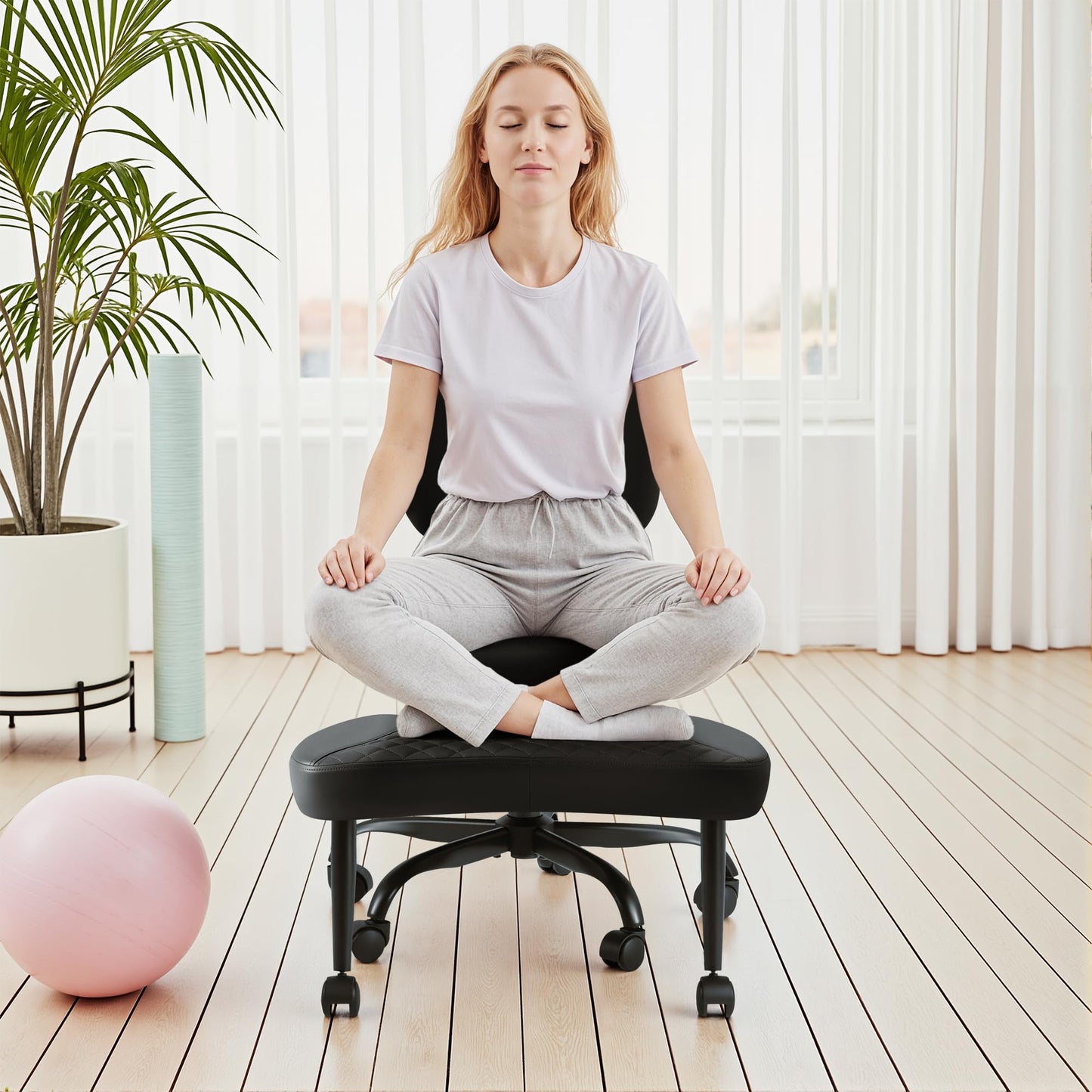 GUNJI Ergonomic Criss Cross Legged Office Chair, 360° Swivel Meditation Kneeling Chair with Wheels, ADHD Chair with Footrest, Lumbar Support, Wider Height Adjustable Seat (Black, Faux Leather)