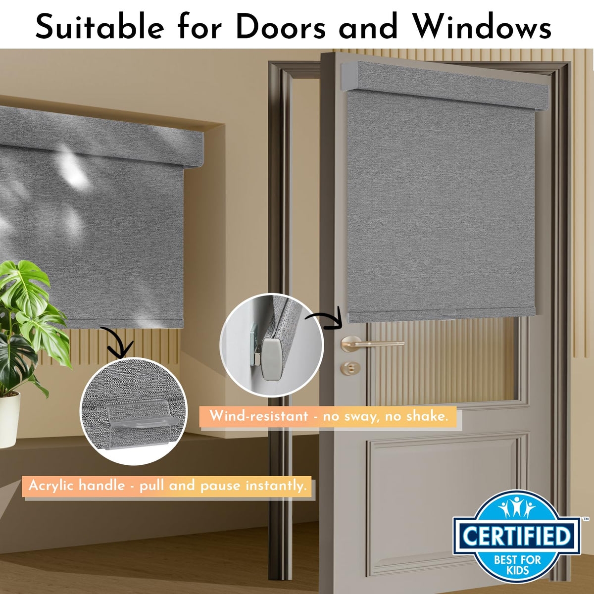 Persilux Blackout Roller Shades for Indoor Window Blinds,Cordless,Linen Fabric,Thermal Insulated Fabric UV Protection Shades for Home,Office,Bedroom,Door,Blackout-Grey,16" W X 64" H