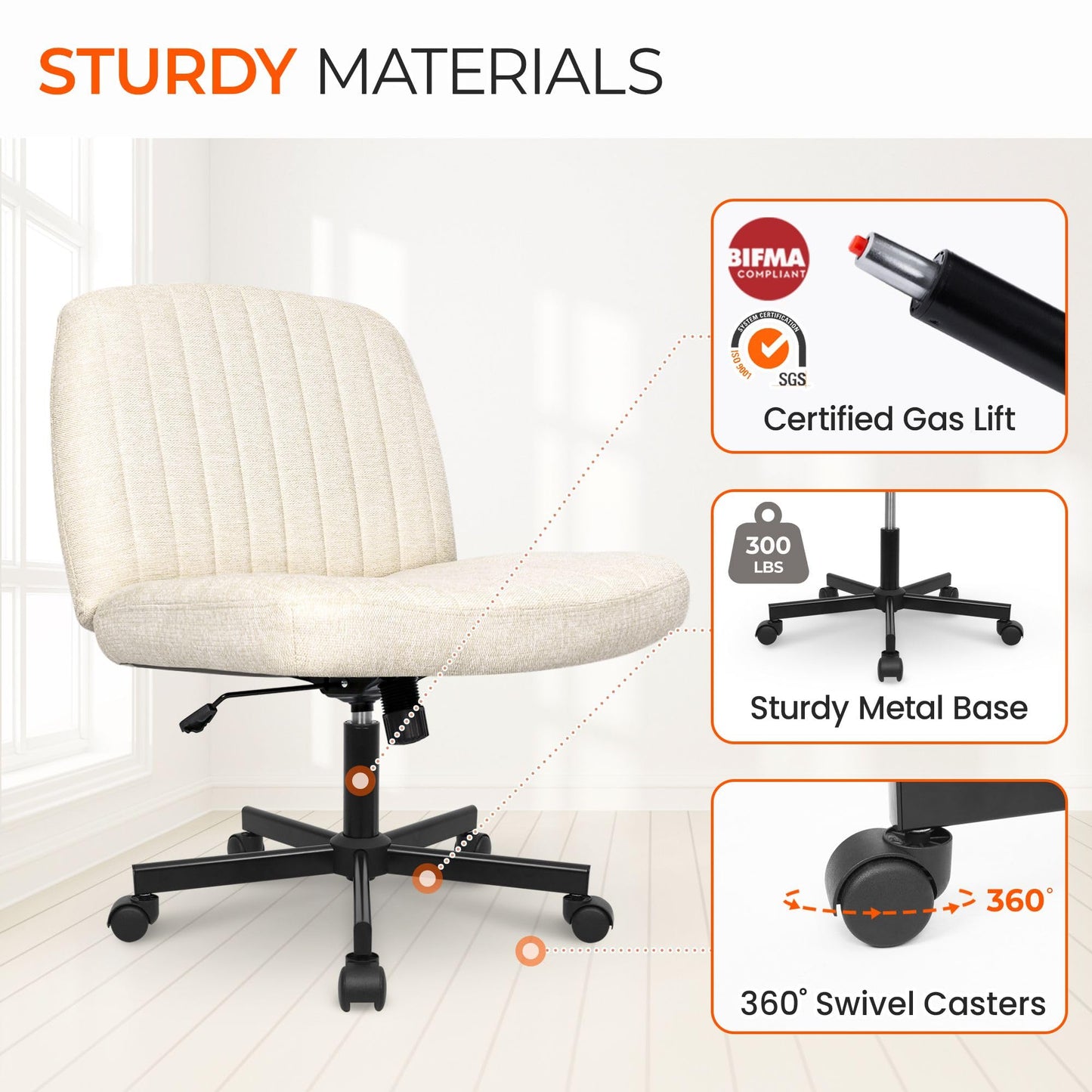 Orange Factory Criss Cross Chair, Wide Fabric Vanity Desk Seat, Beige Wheel