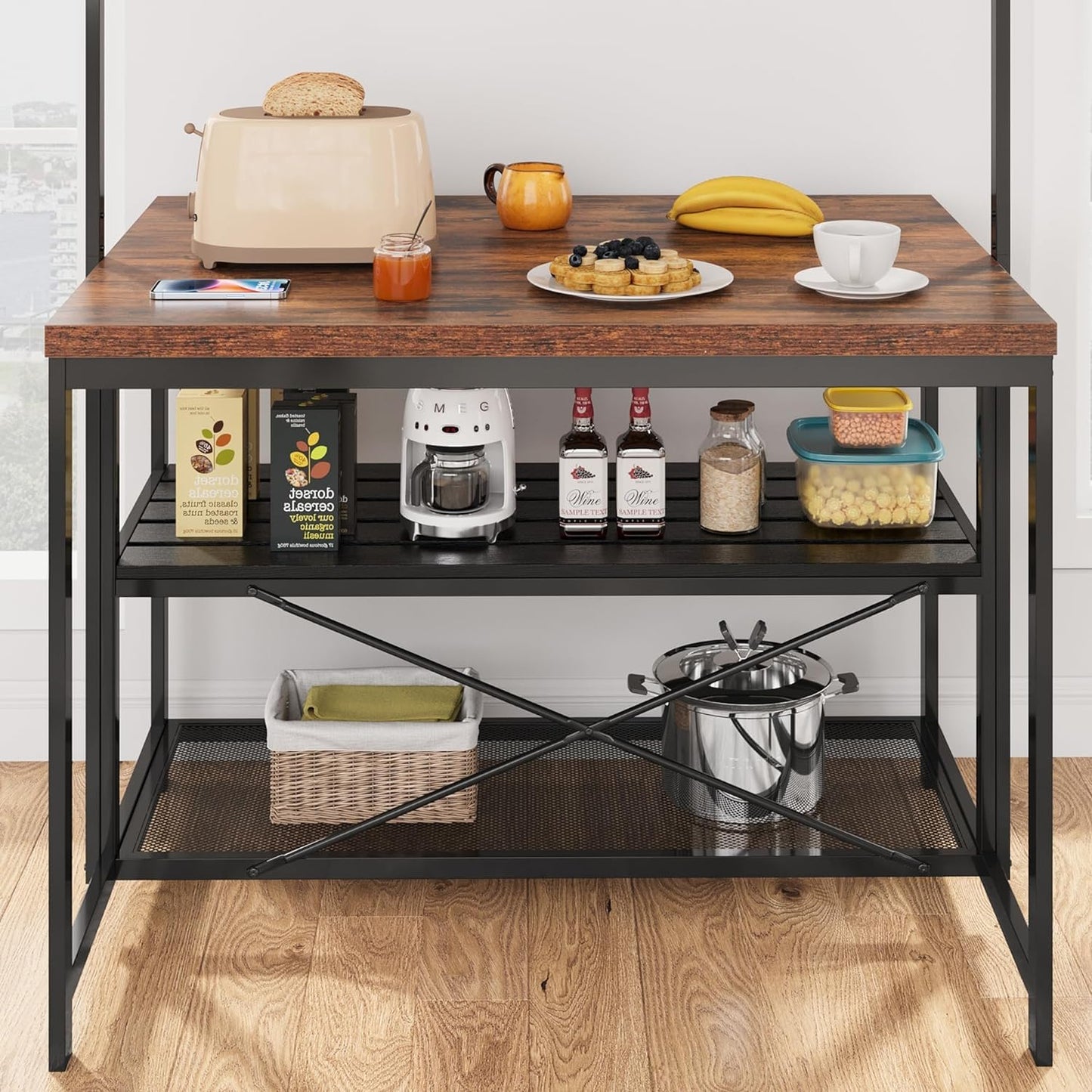 GarveeHome Kitchen Island with Storage, 42''Island Table for Kitchen with Seating Bakers Rack Microwave Oven Stand Shelf with 3 Tier Storage Shelf for Dining Room Living Room, 5 Hooks 42"*28"*72"