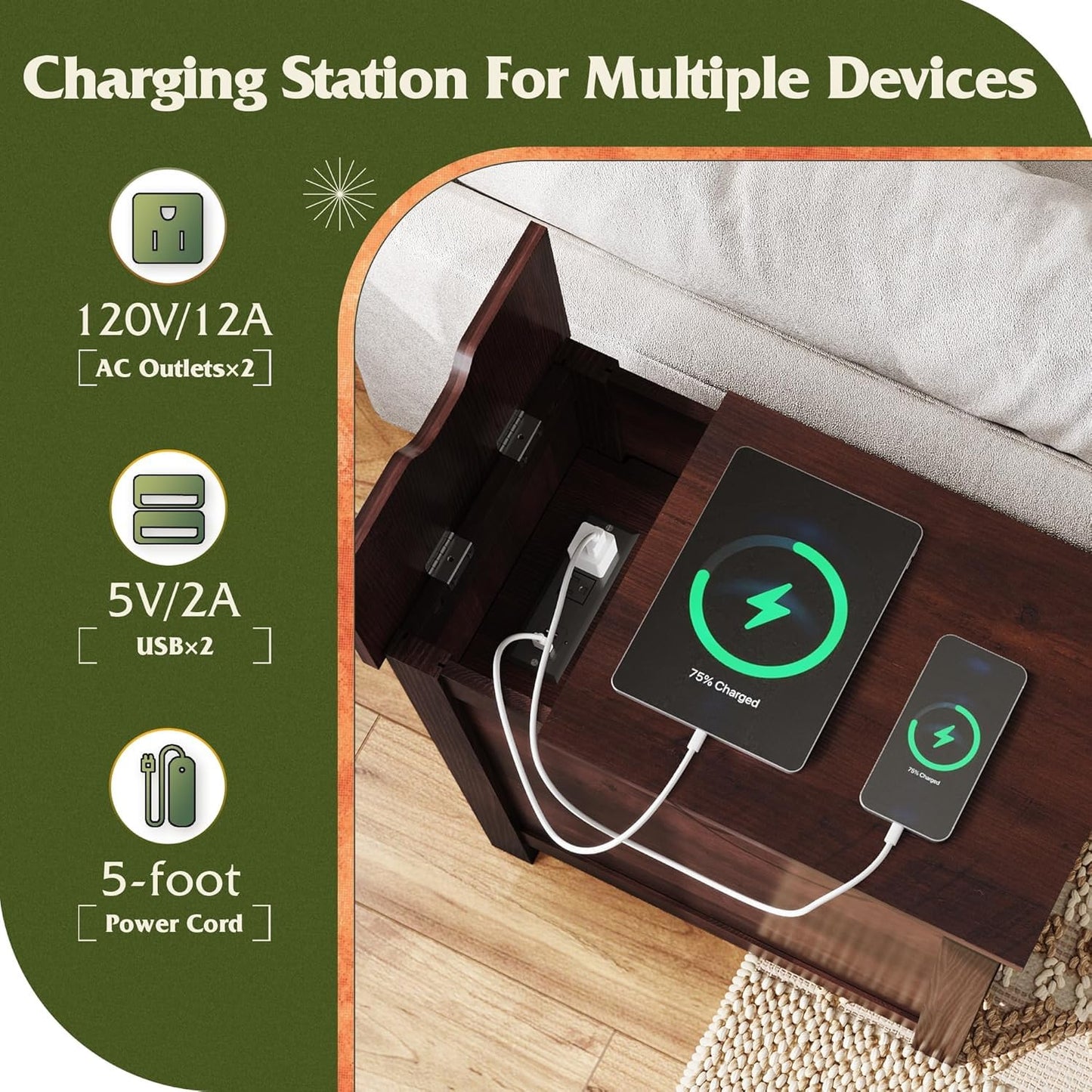 WLIVE End Table with Charging Station, Narrow Side Table for Living Room, Farmhouse Night Stand with Storage, Small Wooden Nightstand with USB Ports and Outlets for Living Room and Bedroom, Espresso