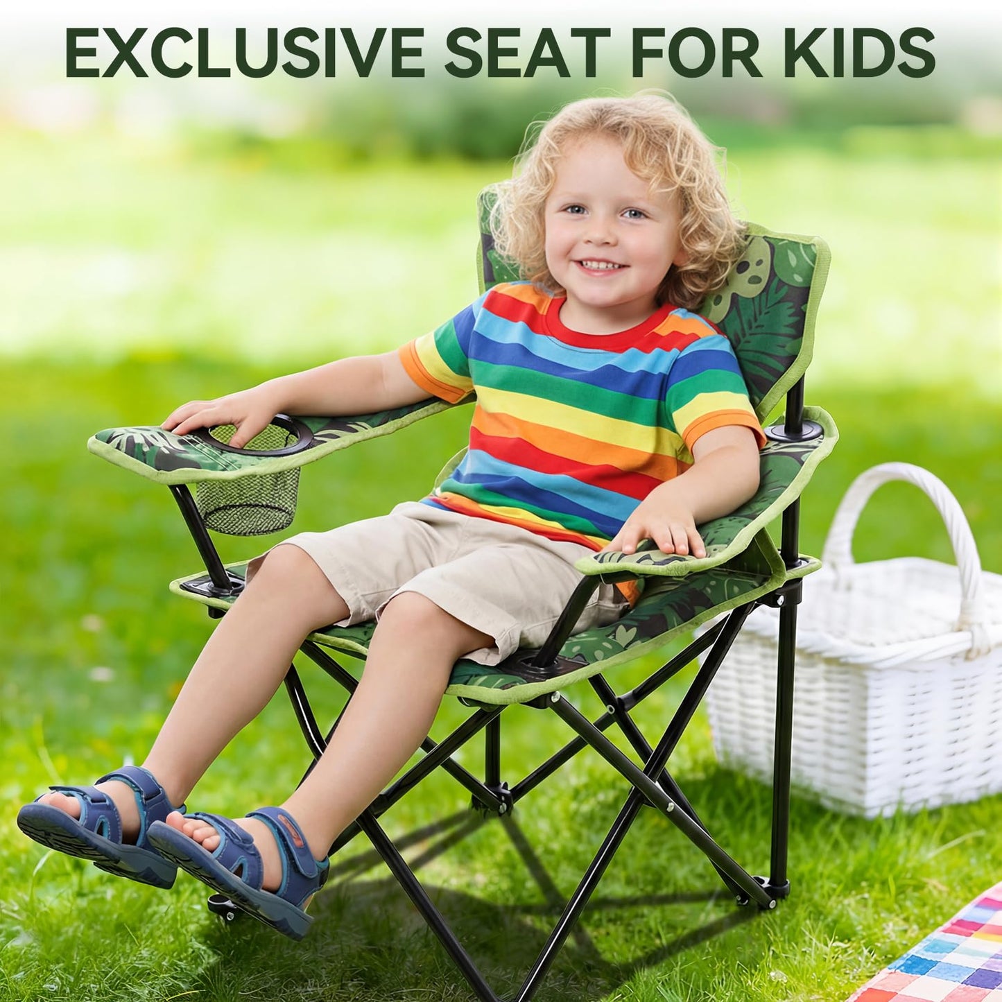 Huskfirm Padded Kids Camping Chair Folding Toddler Chair with Cup Holder & Safety Lock Portable Kids Beach Chair Ages 3-6 for Outdoor Camping Foldable Kids Chair Support 120lbs,Green Dinosaur