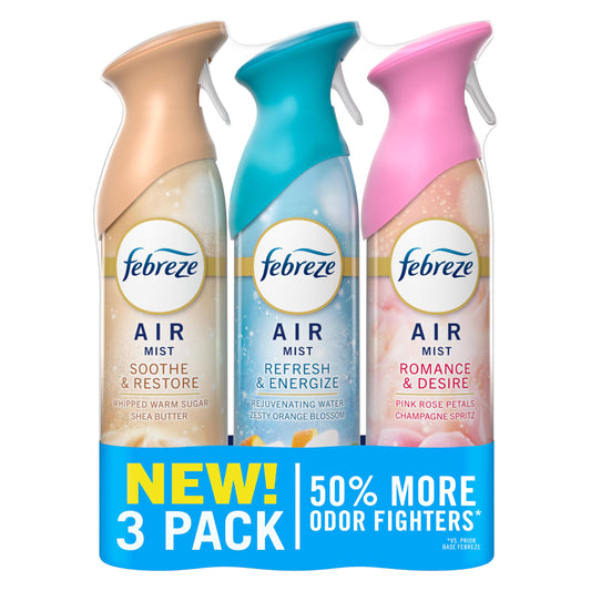 Febreze Air Mist, Air Freshener, Odor Fighting Room Spray, Deodorizer for Home Bathroom Kitchen Office Apartment, Soothe & Restore, Refresh & Energize, Romance & Desire Variety Pack, 8.1oz (Pack of 3)