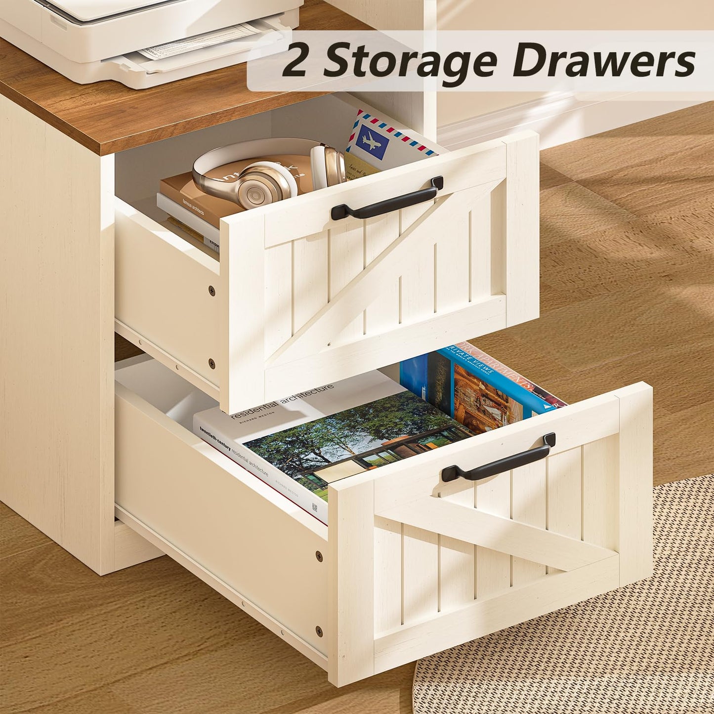 YOMILUVE 63" Farmhouse L Shaped Executive Desk with Drawers & Storage Shelf, Corner Computer Desk with Power Outlets, L Shaped Office Desk with Monitor Stand, Printer Shelf, Antique White