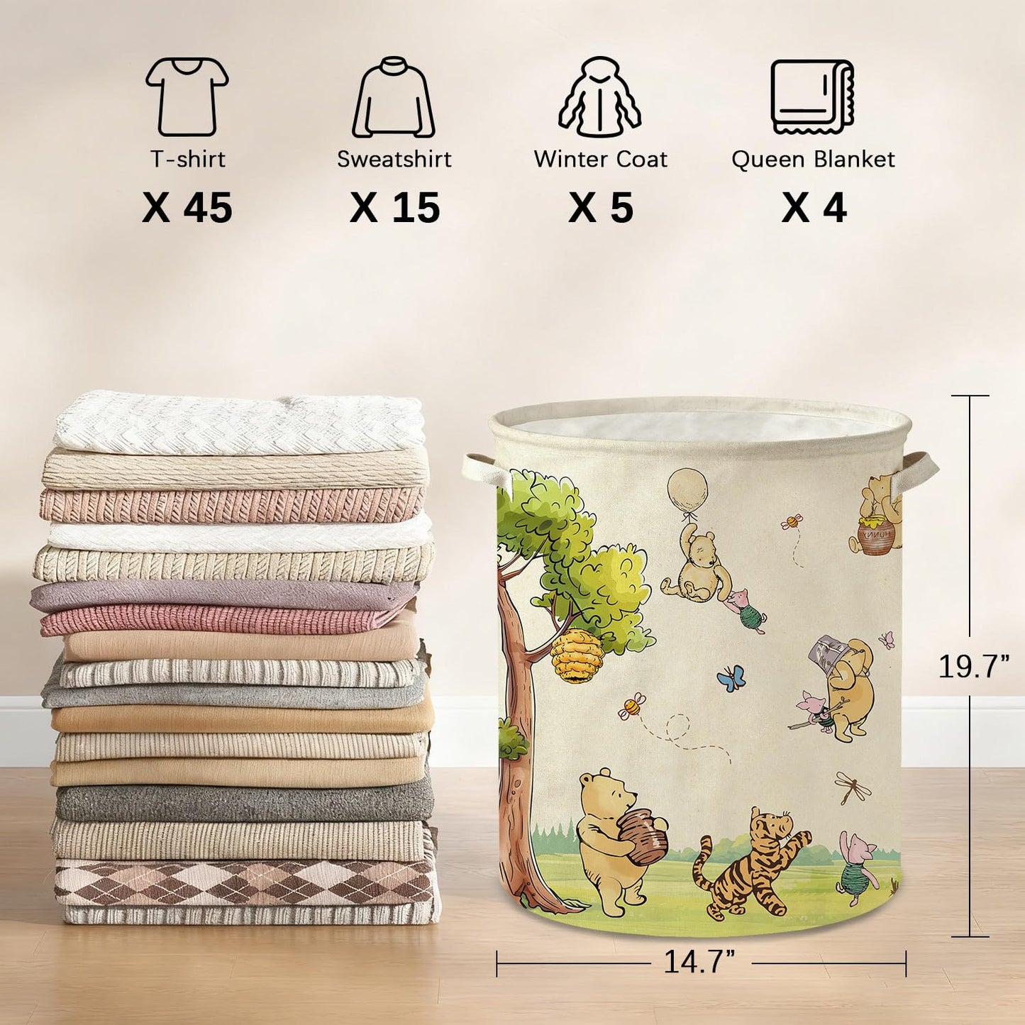 Oval Classic Winnie Bear Baby Laundry Basket Hamper for Nursery, Neutral Vintage Winnie Baby Stuff Waterproof Storage Basket Canvas Clothes Hamper